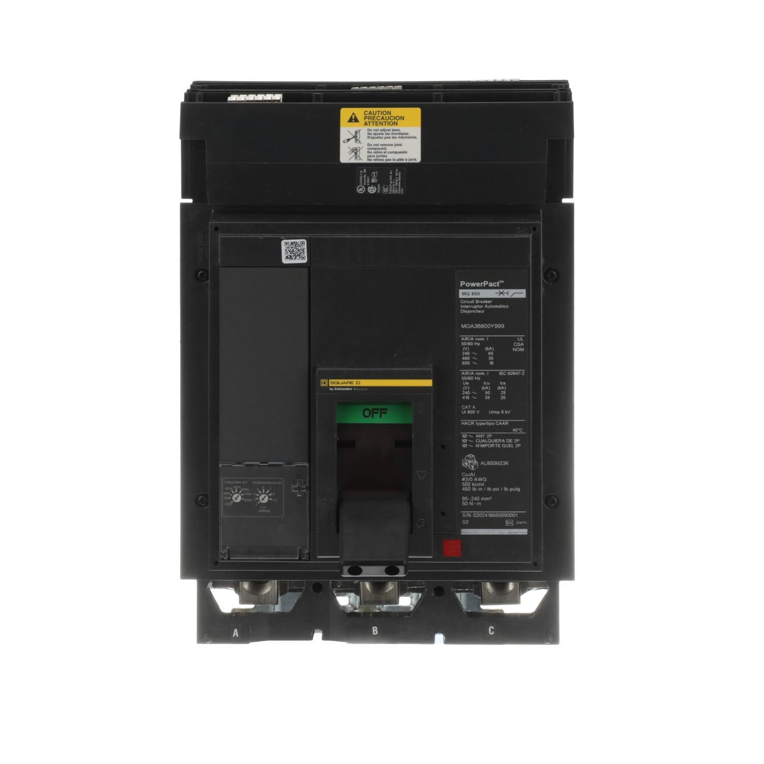 Square D™ MGA36800E10 PowerPact M Series Circuit Breaker, 600 V AC, 300-800 A, 35 to 60 kA interrupt, 3 poles, Magnetic trip
