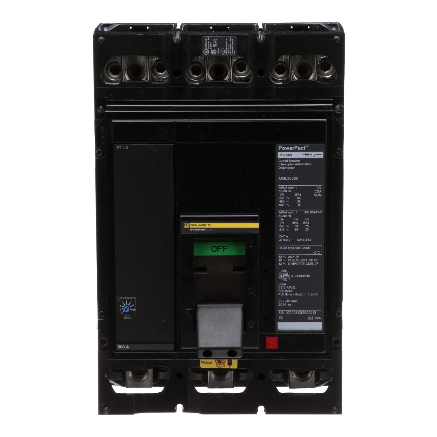 Square D™ MGL36500 MGL Molded Case Circuit Breaker, 600 V AC/250 V DC, 500 A, 65 kA at 240 VAC/35 kA at 480 VAC/18 kA at 600 VAC Interrupt, 3 Poles, Electronic Trip