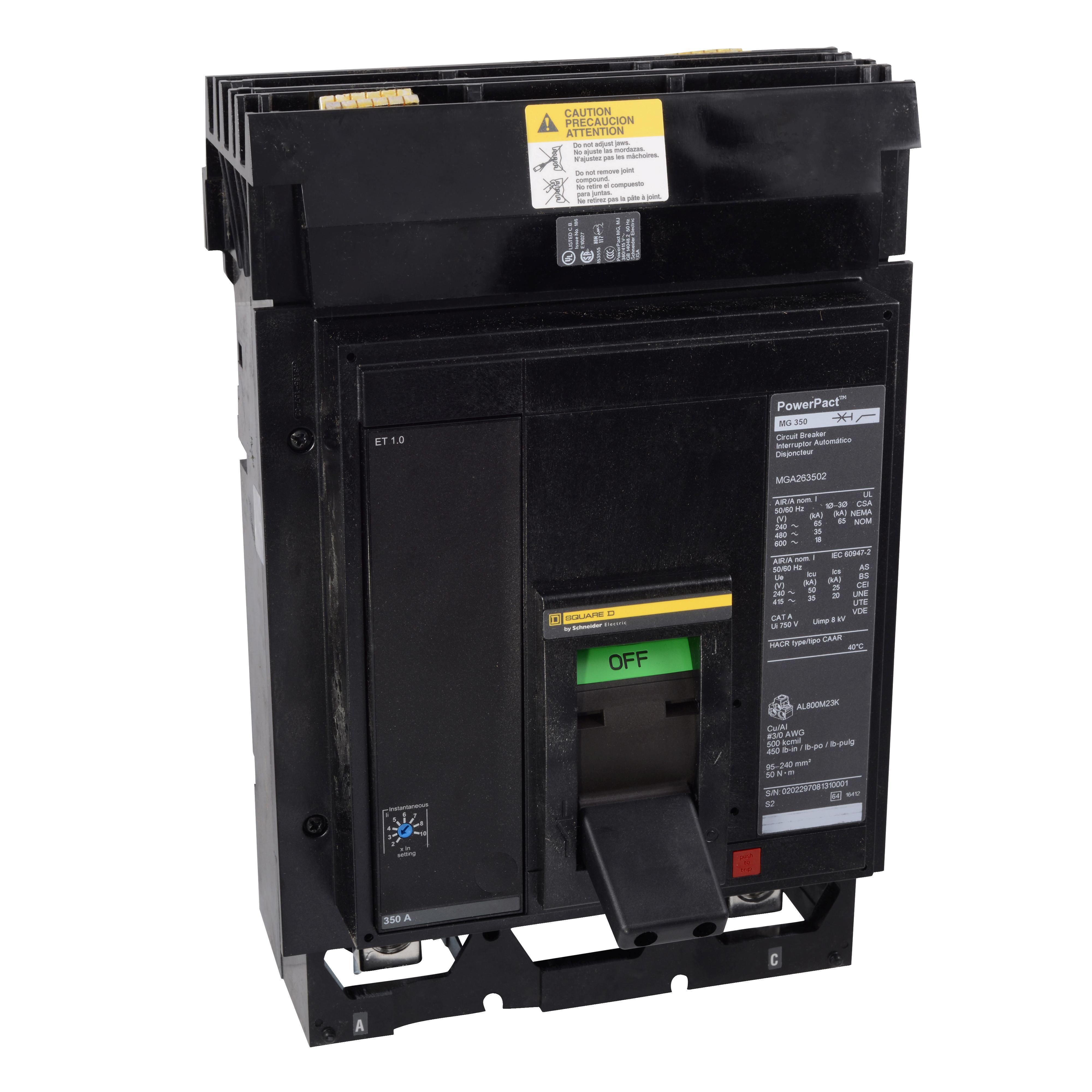 Square D™ I-Line™ PowerPact™ M MGA36400 Molded Case Circuit Breaker, 600 V AC, 400 A, 18/35/65 kA Interrupt, 3 Poles, Electronic Trip