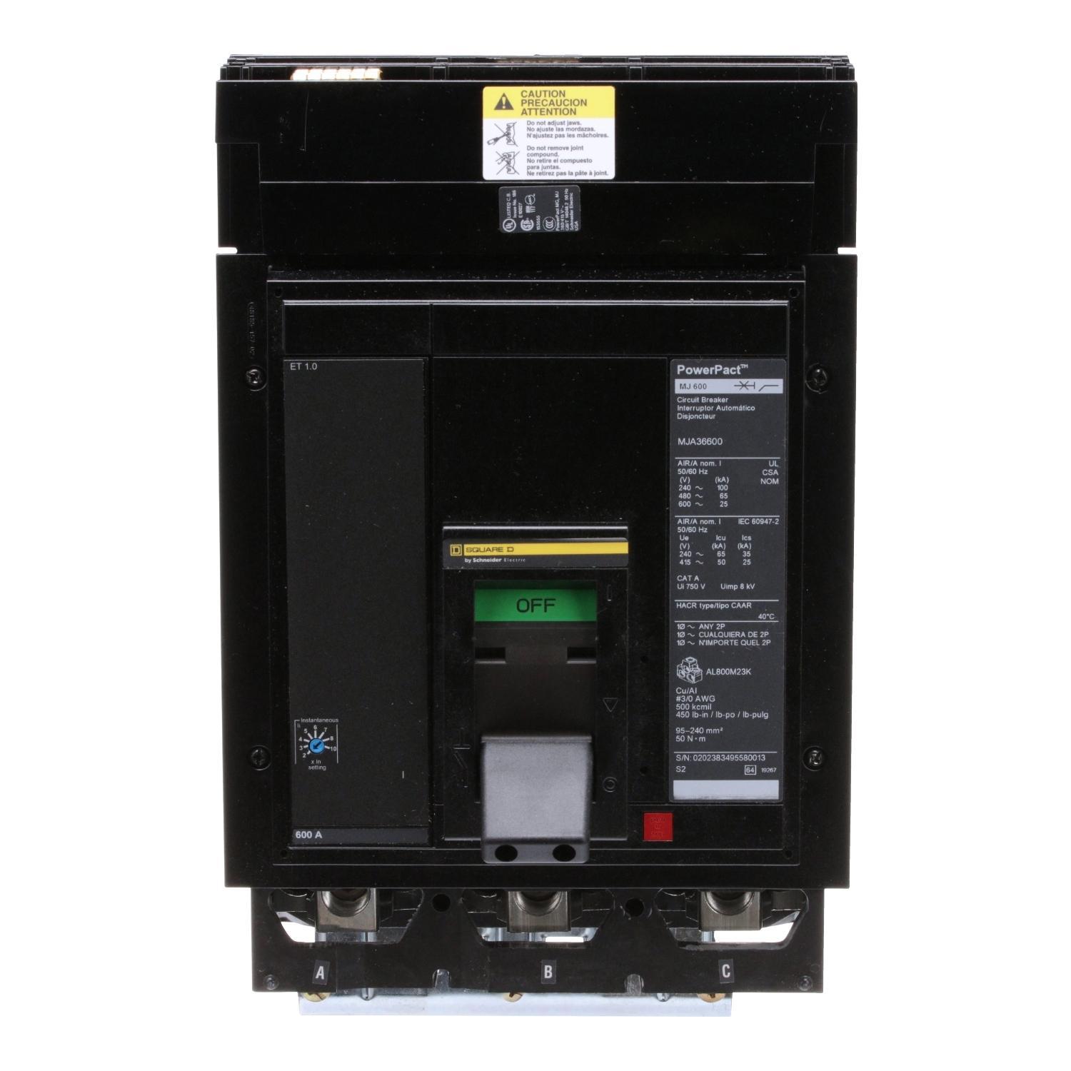 Square D™ PowerPact™ M MJA36600 Type MJA Molded Case Circuit Breaker, 600 V AC, 600 A, 25 kA Interrupt, 3 Poles, Electronic Trip