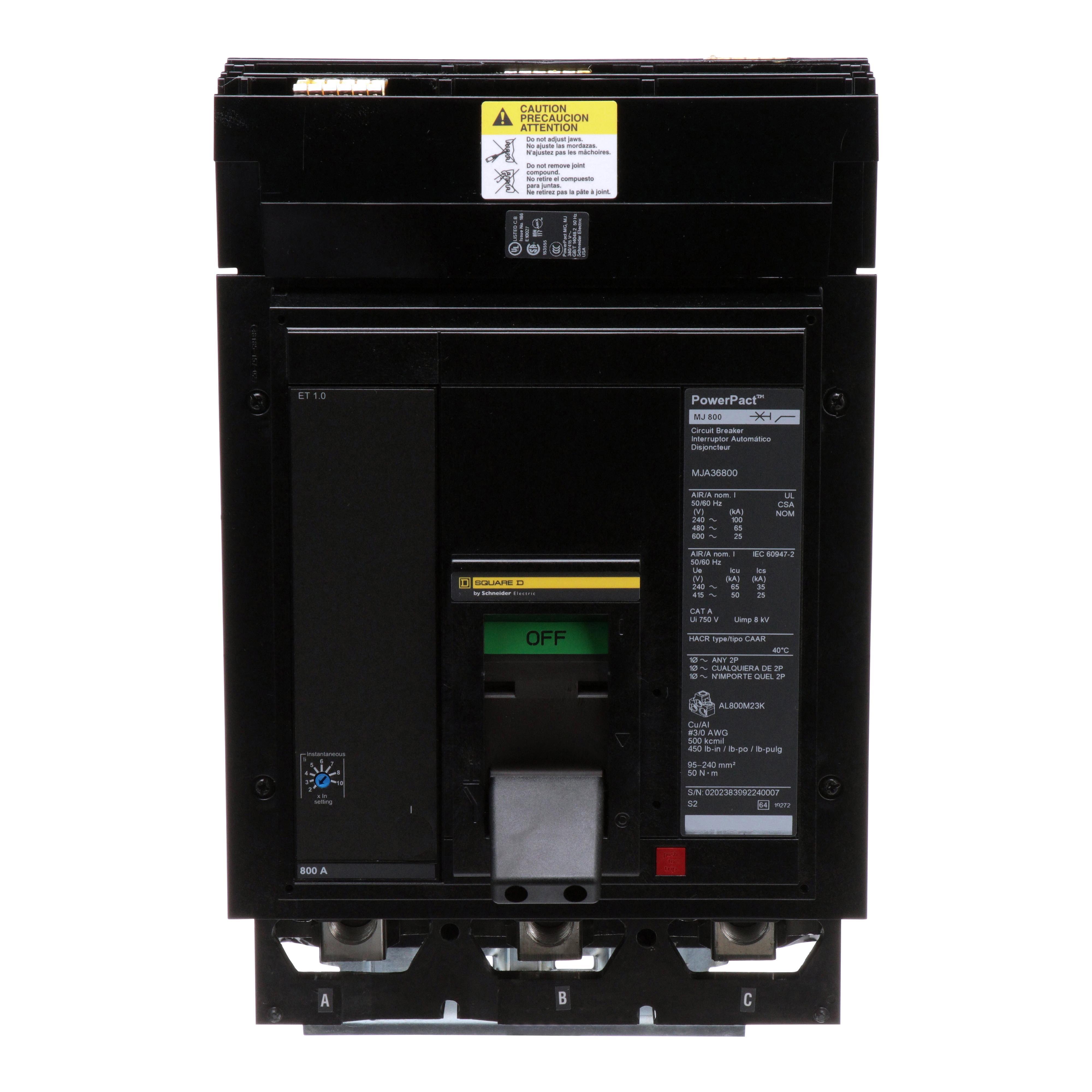 Square D™ I-Line™ PowerPact™ MJA36800 80% Rated Type MJA Molded Case Circuit Breaker, 600 V AC, 800 A, 100 kA at 240 V AC/65 kA at 480 V AC/25 kA at 600 V AC Interrupt, 3 Poles, Electronic Trip