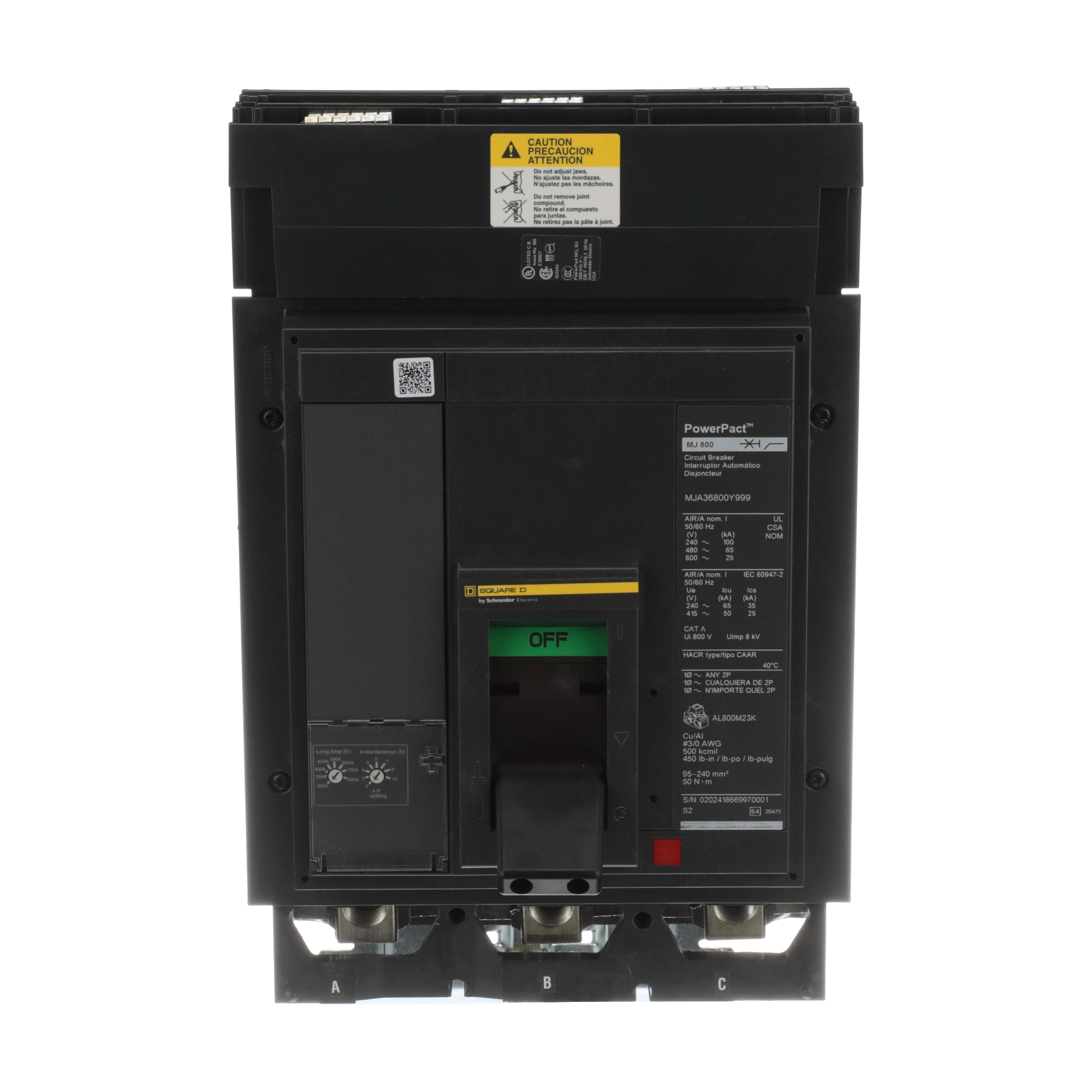 Square D™ MJA36800E10 PowerPact M Series Circuit Breaker, 600 V AC, 300-800 A, 25 to 100 kA interrupt, 3 poles, Magnetic trip