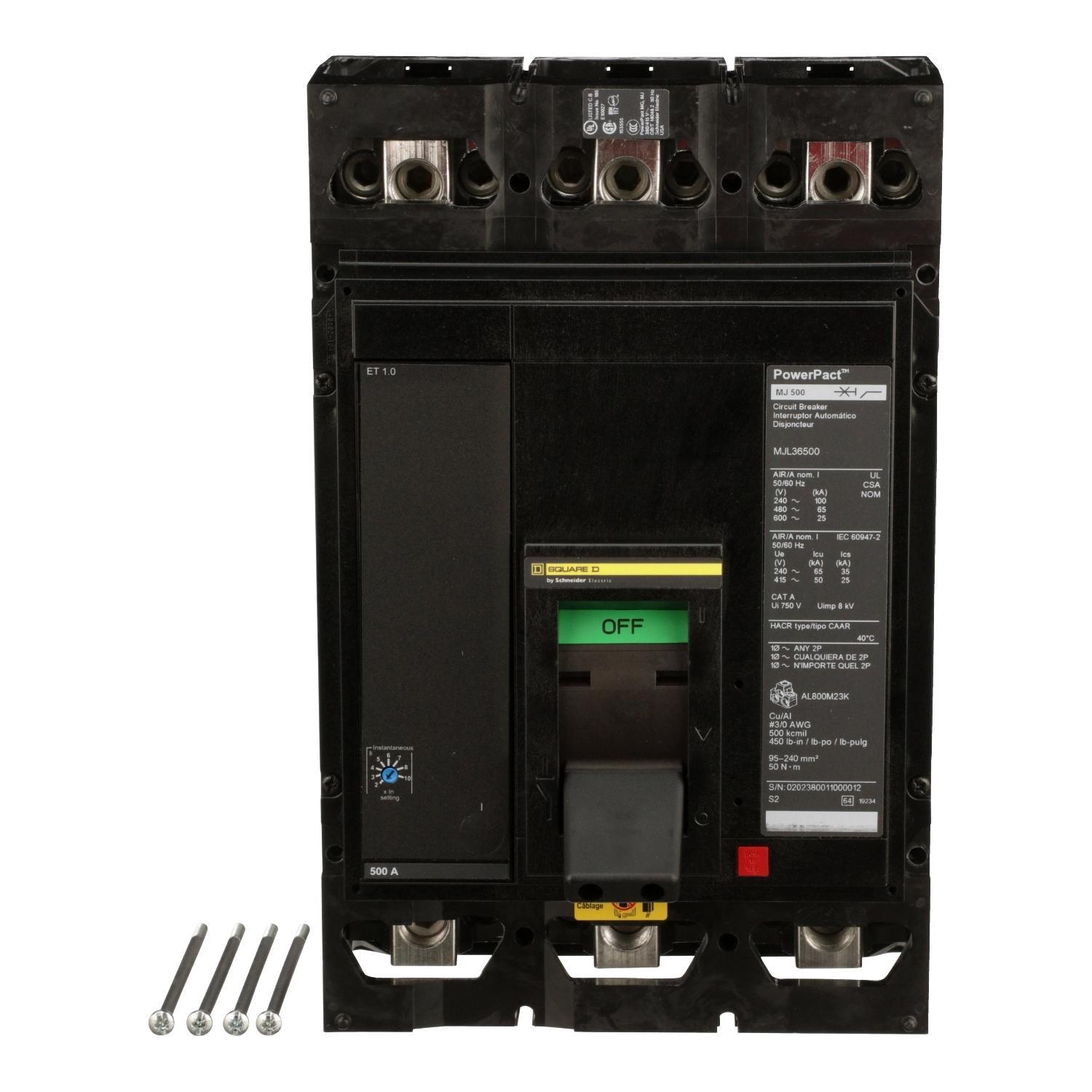 Square D™ PowerPact™ MJL36500 Molded Case Circuit Breaker, 600 V AC, 500 A, 100 kA at 240 V AC/65 kA at 480 V AC/25 kA at 600 V AC Interrupt, 3 Poles, Electronic Trip