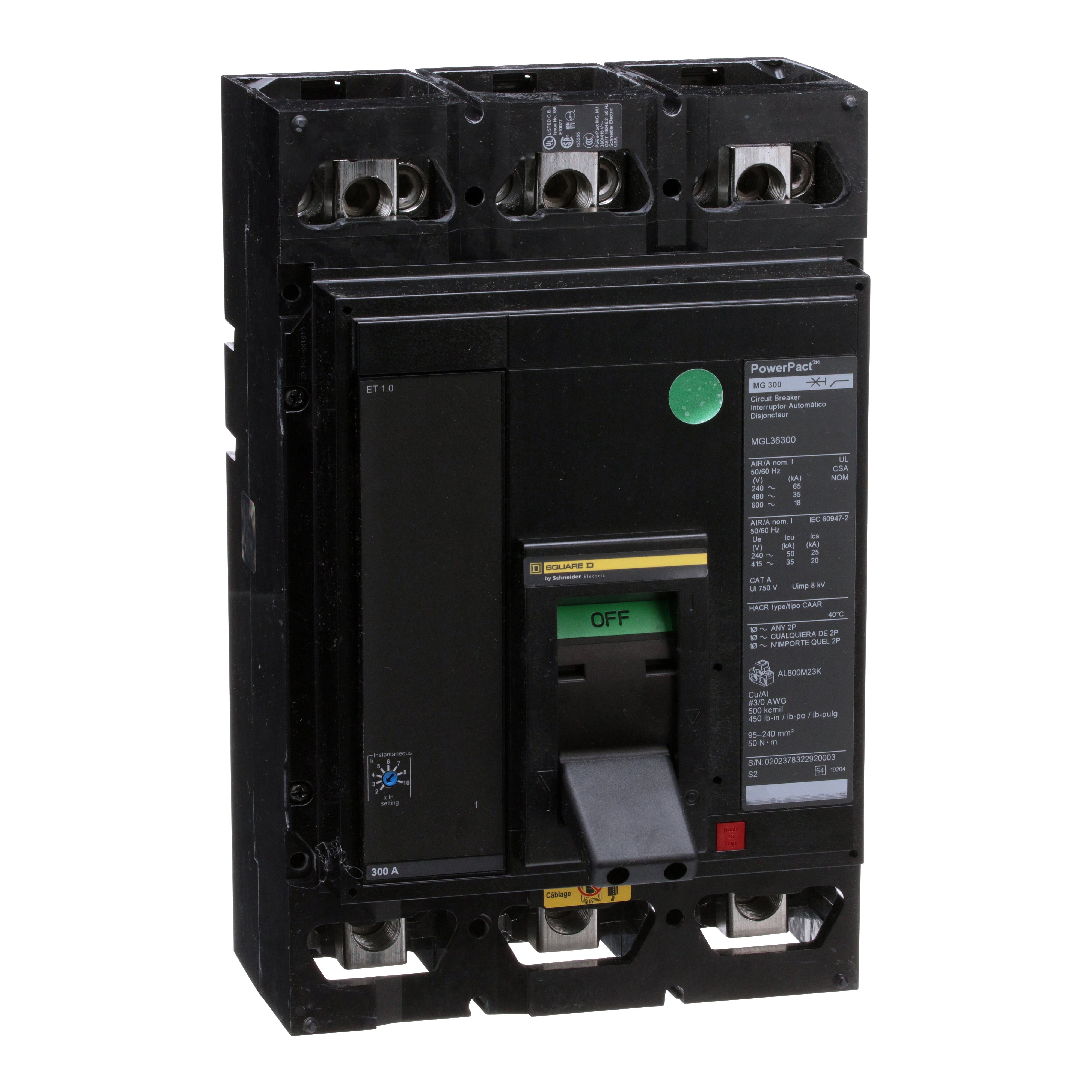 Square D™ PowerPact™ M MJL36800 Type MGL 80% Rated Molded Case Circuit Breaker, 600 V AC/250 V DC, 800 A, 100 kA at 240 VAC, 65 kA at 480 VAC, 25 kA at 600 VAC Interrupt, 3 Poles, Electronic Trip