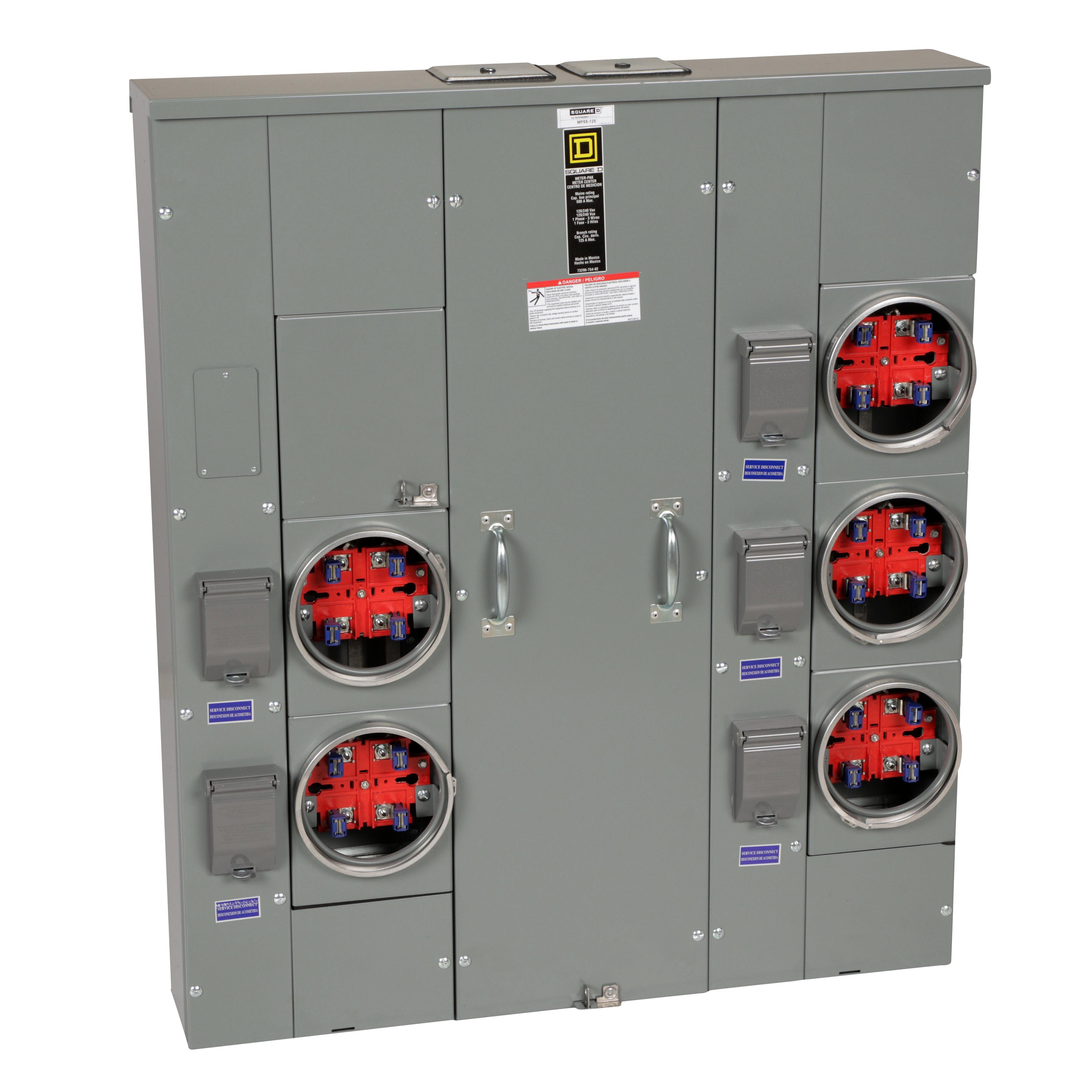 Square D™ Meter-Pak™ MP55125 5-Position 3-Wire Main Lug Meter Center, 240 V AC, 125 A, 1 Phase , NEMA 3R Enclosure