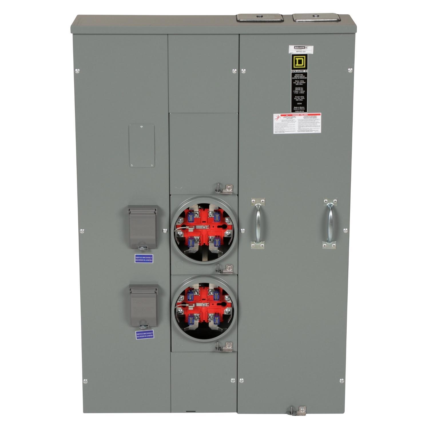 Square D™ Meter-Pak™ MPH42200 2-Position 3-Wire Main Lug Meter Center With Horn Bypass, 240 V AC, 200 A, 1 Phase , NEMA 3R Enclosure
