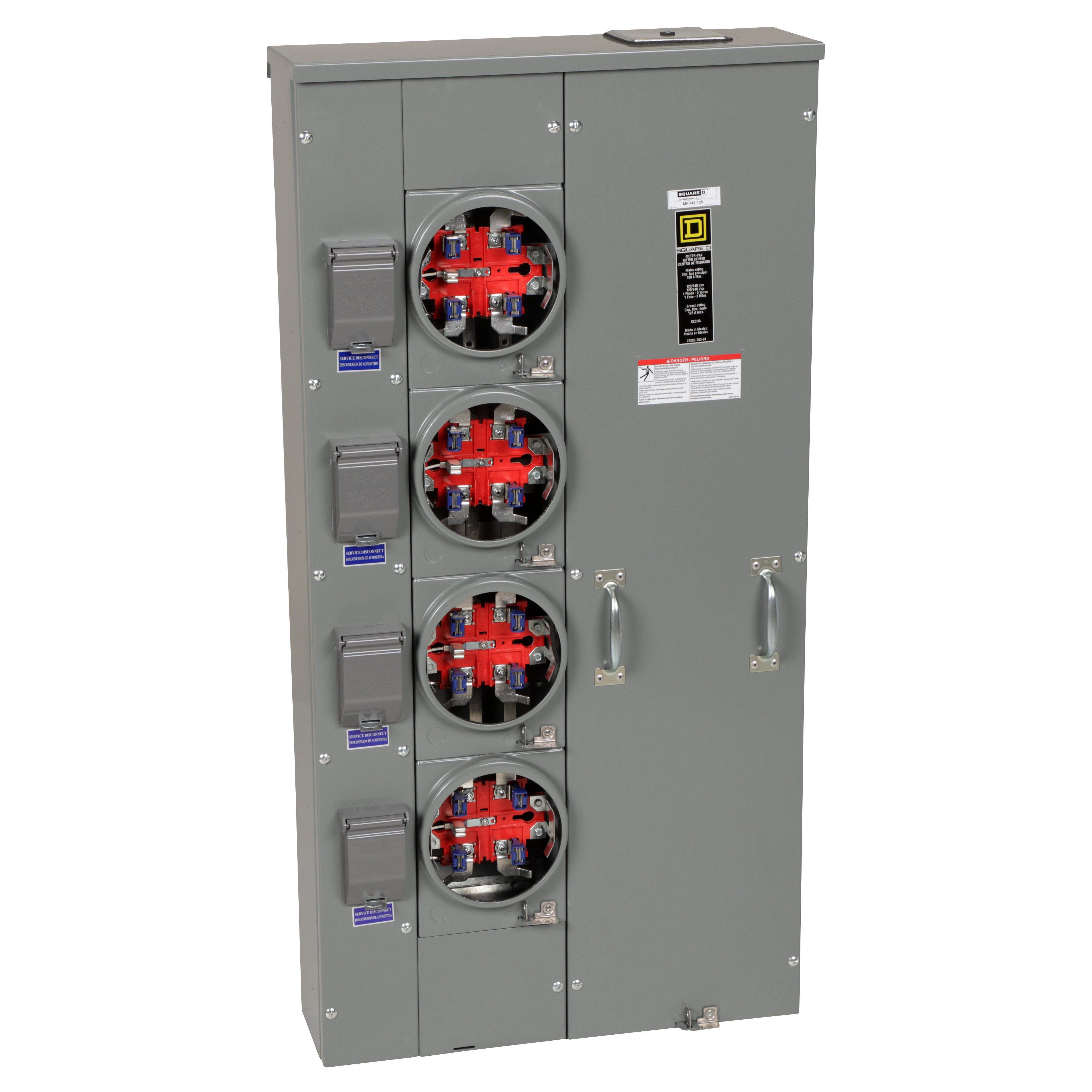 Square D™ Meter-Pak™ MPH44125 4-Position 3-Wire Main Lug Meter Center With Horn Bypass, 240 V AC, 125 A, 1 Phase , NEMA 3R Enclosure