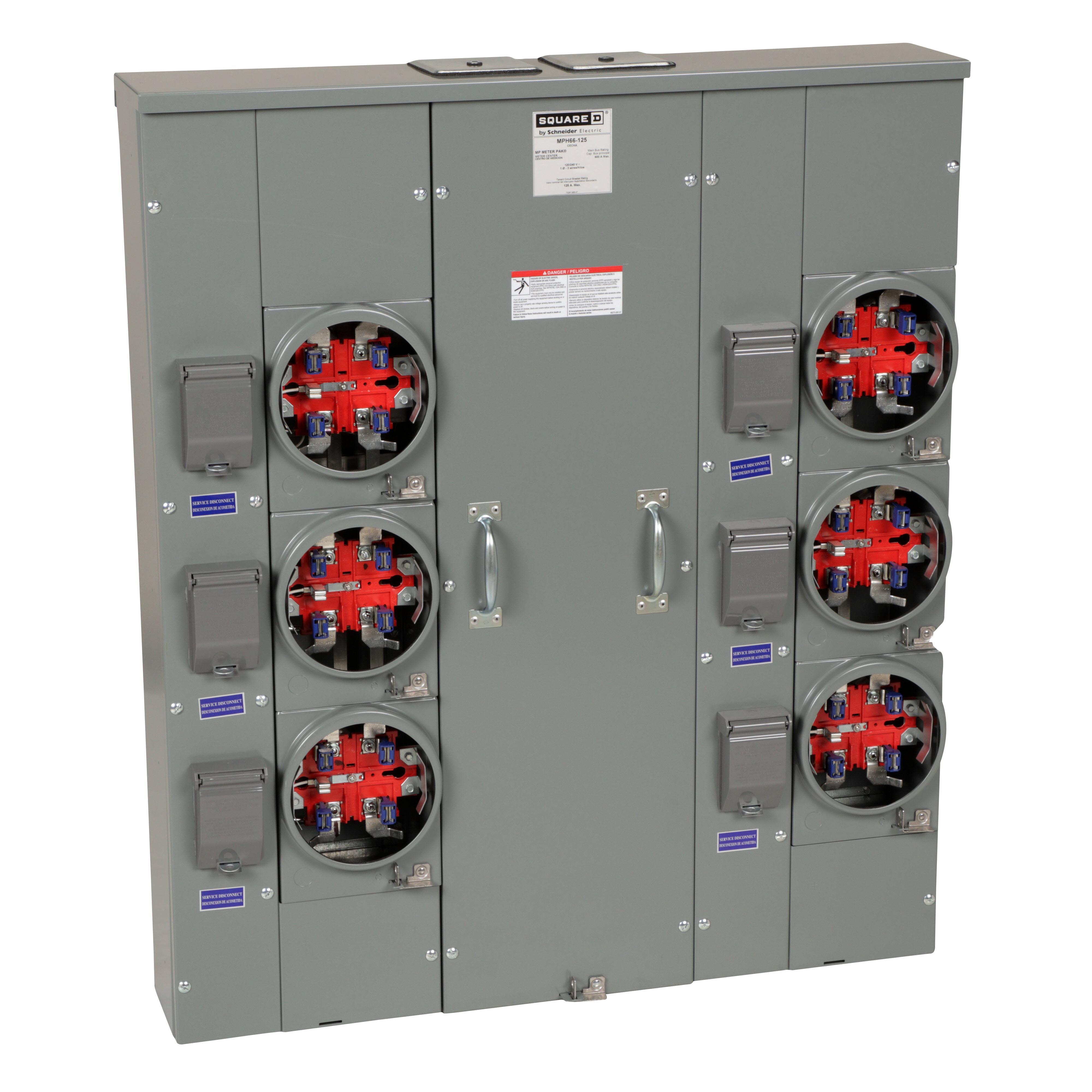 Square D™ Meter-Pak™ MPH66125 6-Position 3-Wire Main Lug Meter Center With Horn Bypass, 240 V AC, 125/500 to 400/600 A, 1 Phase, NEMA 3R Enclosure