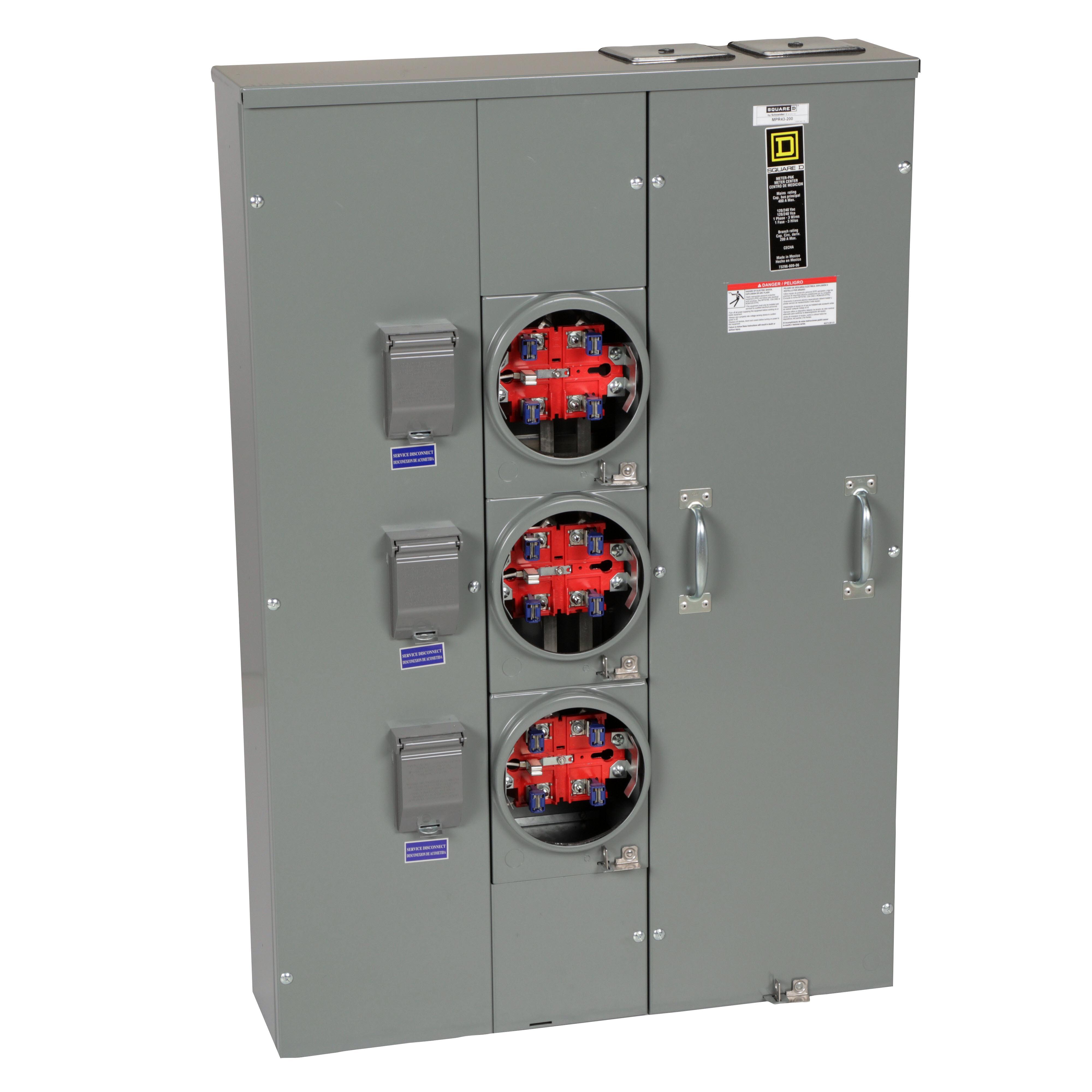Square D™ Meter-Pak™ MPR43200 3-Position 3-Wire Main Lug Meter Center, 240 V AC, 200 A, 1 Phase , NEMA 3R Enclosure