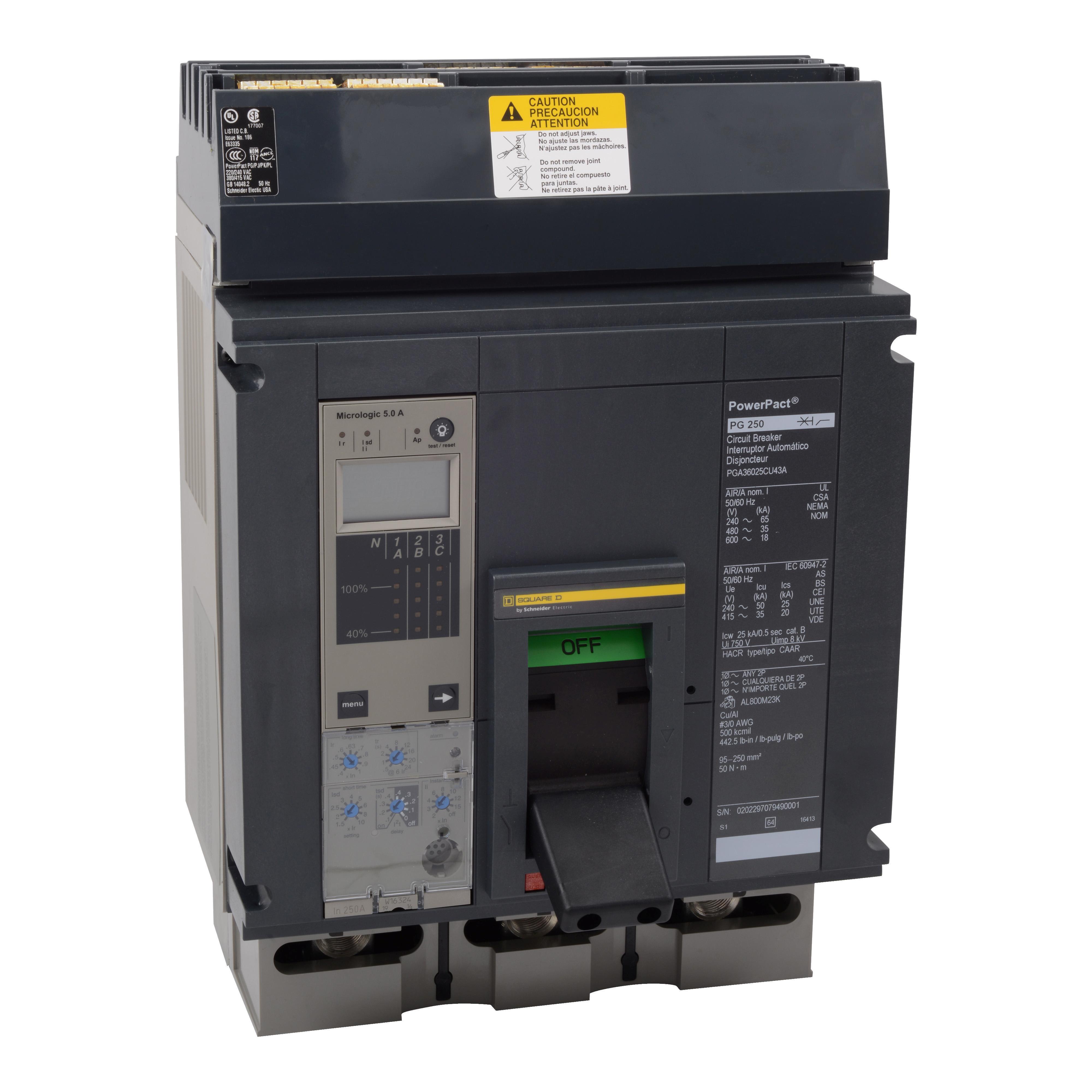 Square D™ I-Line™ PowerPact™ PGA36080U44A Molded Case Circuit Breaker, 600 V AC, 800 A, 65 kA at 240 V AC, 35 kA at 480 V AC, 18 kA at 600 V AC Interrupt, 3 Poles, Electronic Trip
