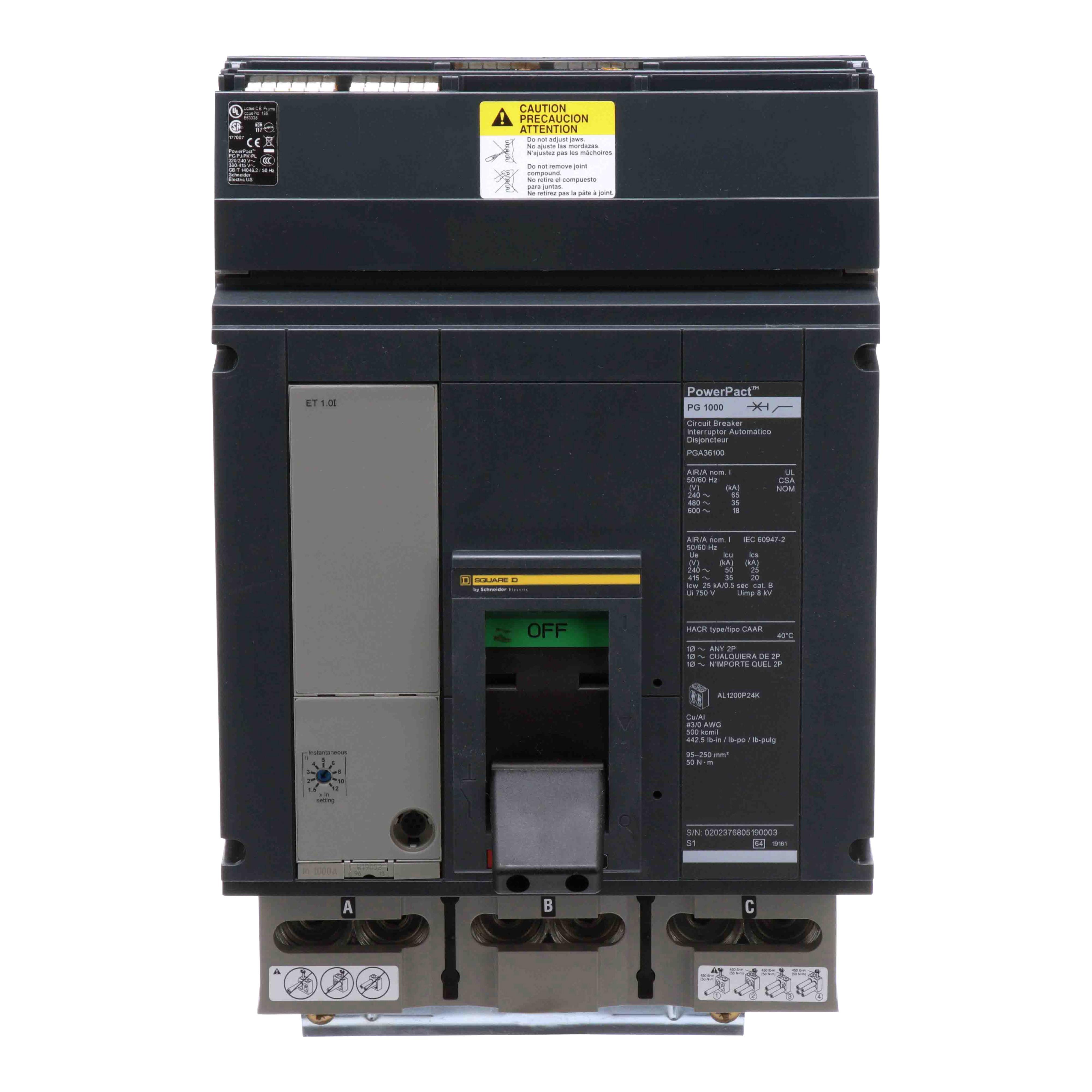 Square D™ PowerPact™ P PGA36100 Molded Case Circuit Breaker, 600 V AC, 1000 A, 18 kA Interrupt, 3 Poles, Electronic Trip