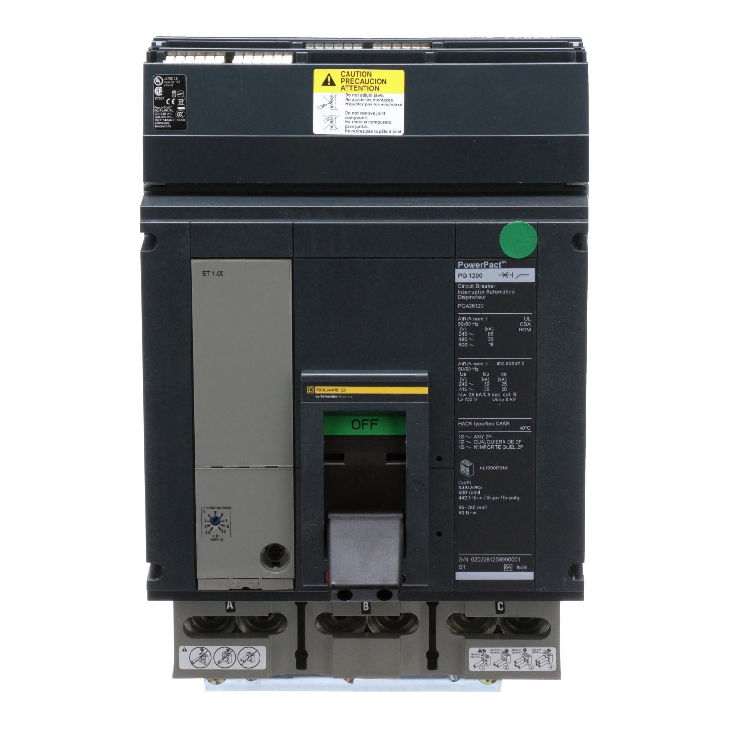 Square D™ I-Line™ PowerPact™ P PGA36120 Type PGA Molded Case Circuit Breaker, 600 V AC, 1200 A, 18/35/65 kA Interrupt, 3 Poles, Electronic Trip