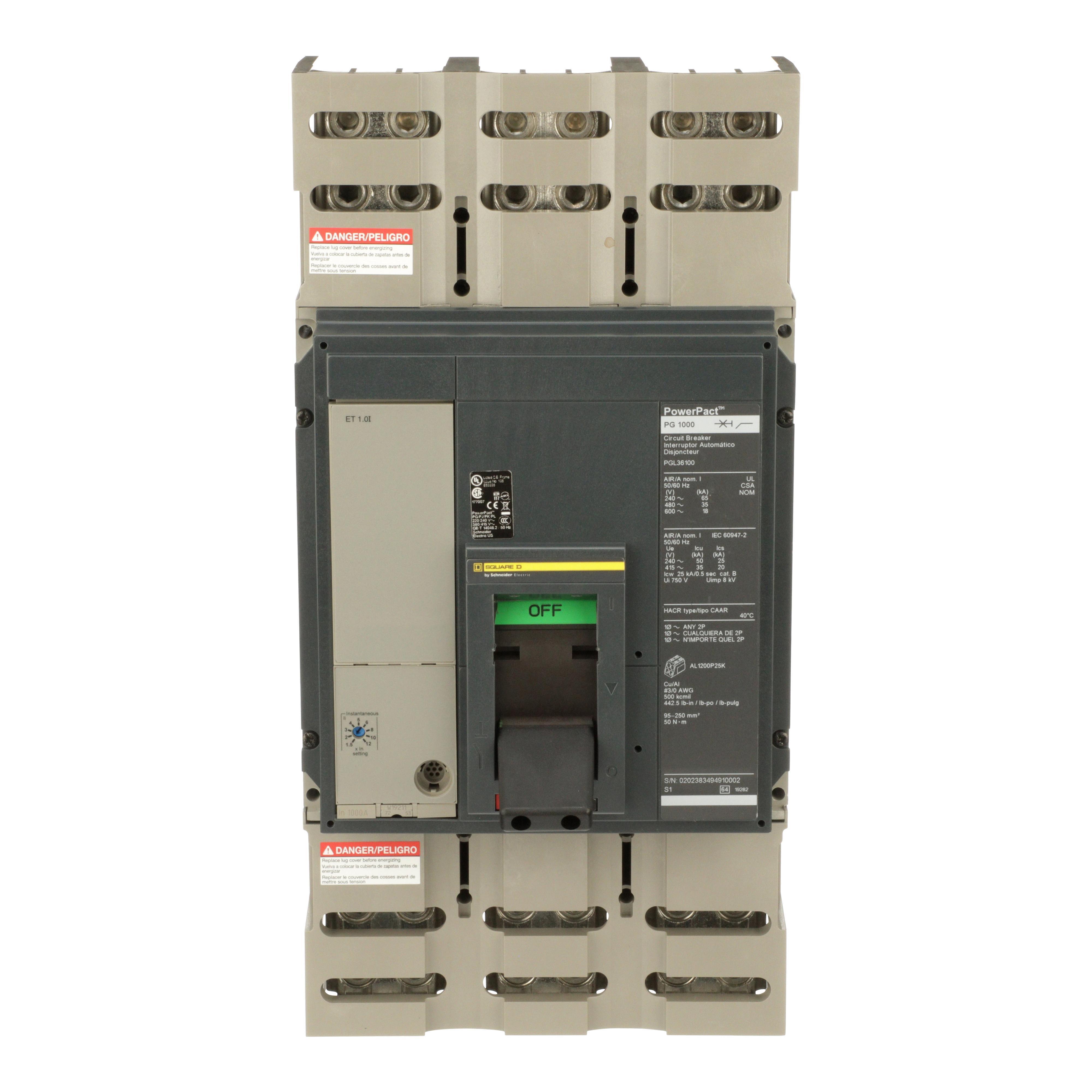 Square D™ PowerPact™ PGL36100 Molded Case Circuit Breaker, 600 V AC, 1000 A, 18 kA Interrupt, 3 Poles, Electronic Trip