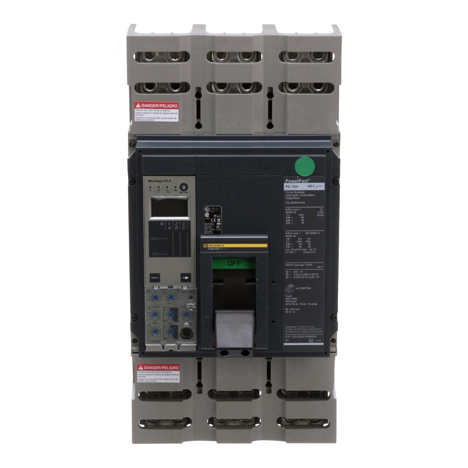 Square D™ PowerPact™ PGL36100U44A Type PGL Molded Case Circuit Breaker, 600 V AC, 1000 A, 65 kA at 240 V AC, 35 kA at 480 V AC, 18 kA at 600 V AC Interrupt, 3 Poles, Electronic Trip