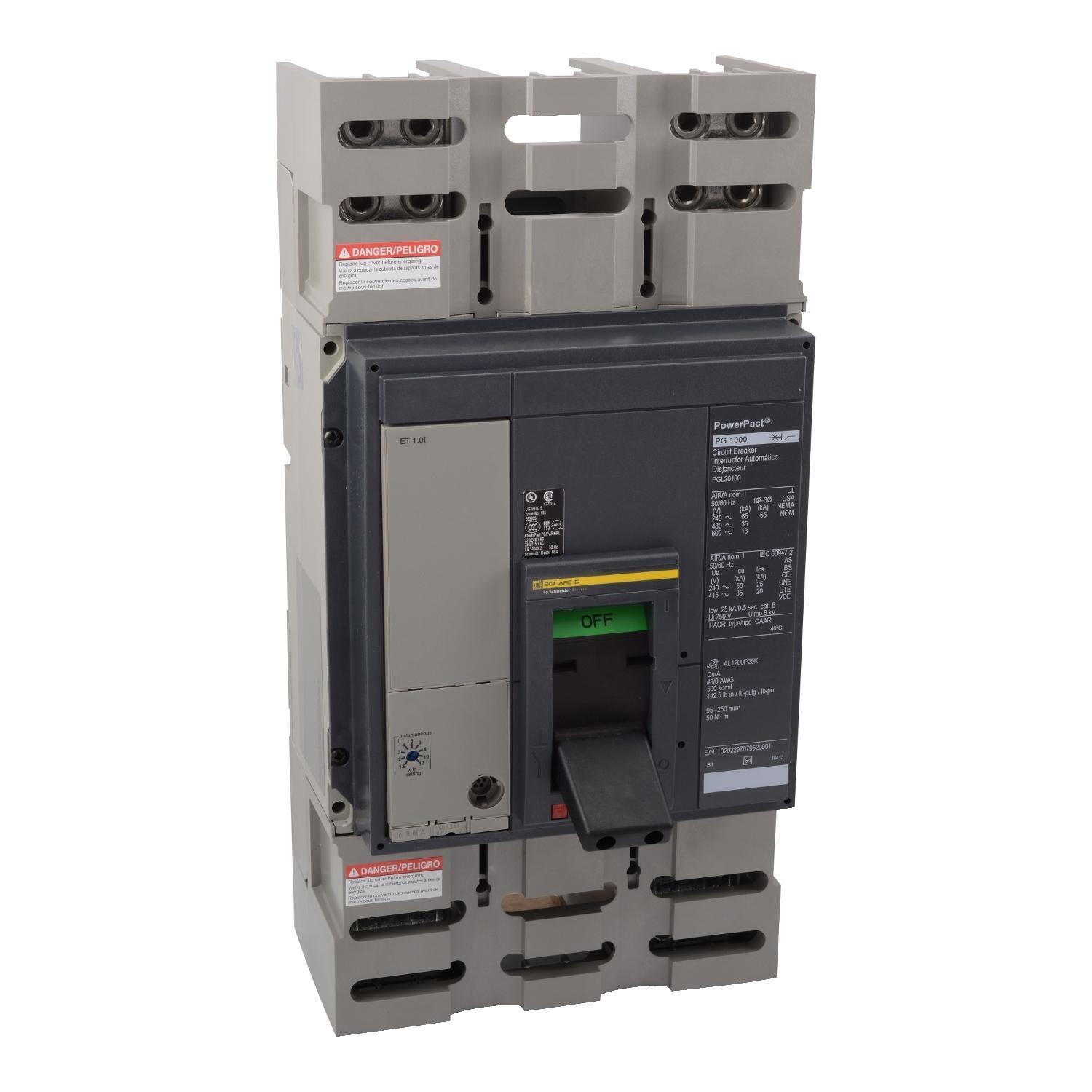 Square D™ PowerPact™ P PJL36100U44A Type PJL Molded Case Circuit Breaker, 600 V AC, 1000 A, 25/65/100 kA Interrupt, 3 Poles, Electronic Trip