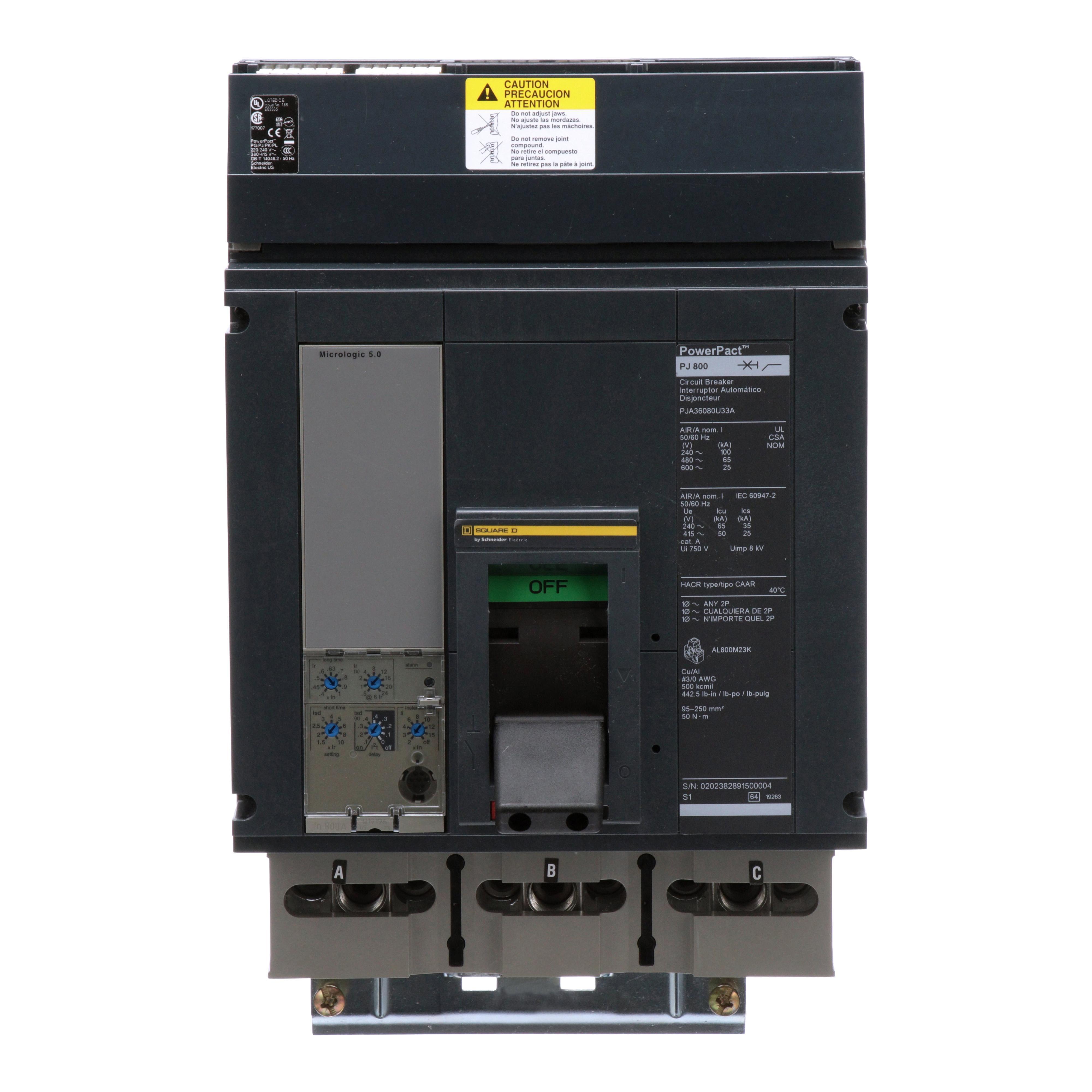 Square D™ I-Line™ PowerPact™ P PJA36080U33A Type PJA Molded Case Circuit Breaker, 600 V AC, 800 A, 25/65/100 kA Interrupt, 3 Poles, Electronic Trip