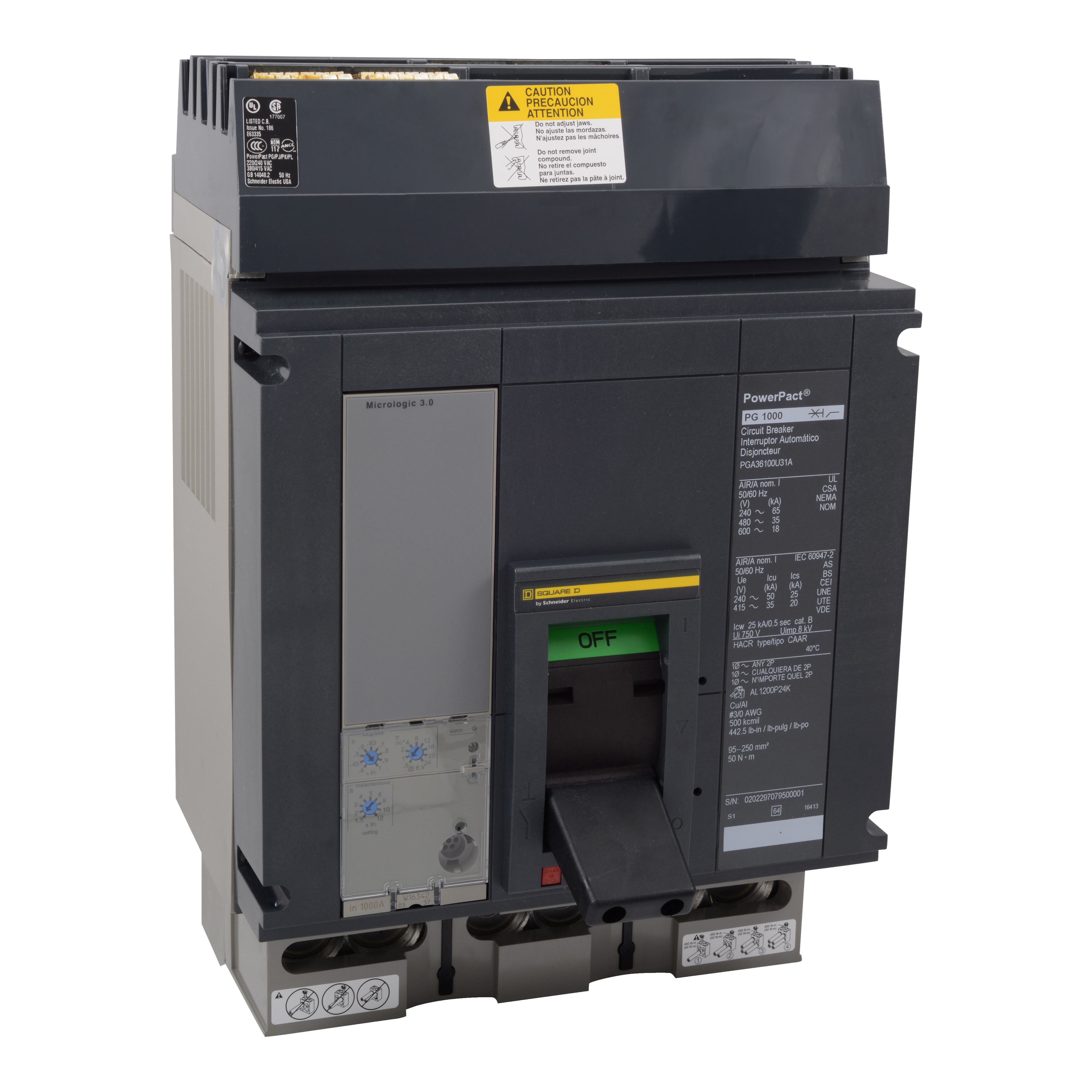 Square D™ PJA36120 PJA 3-Pole Molded Case Circuit Breaker, 600 V AC, 1200 A, 25 kA Interrupt, 3 Poles, Electronic Trip