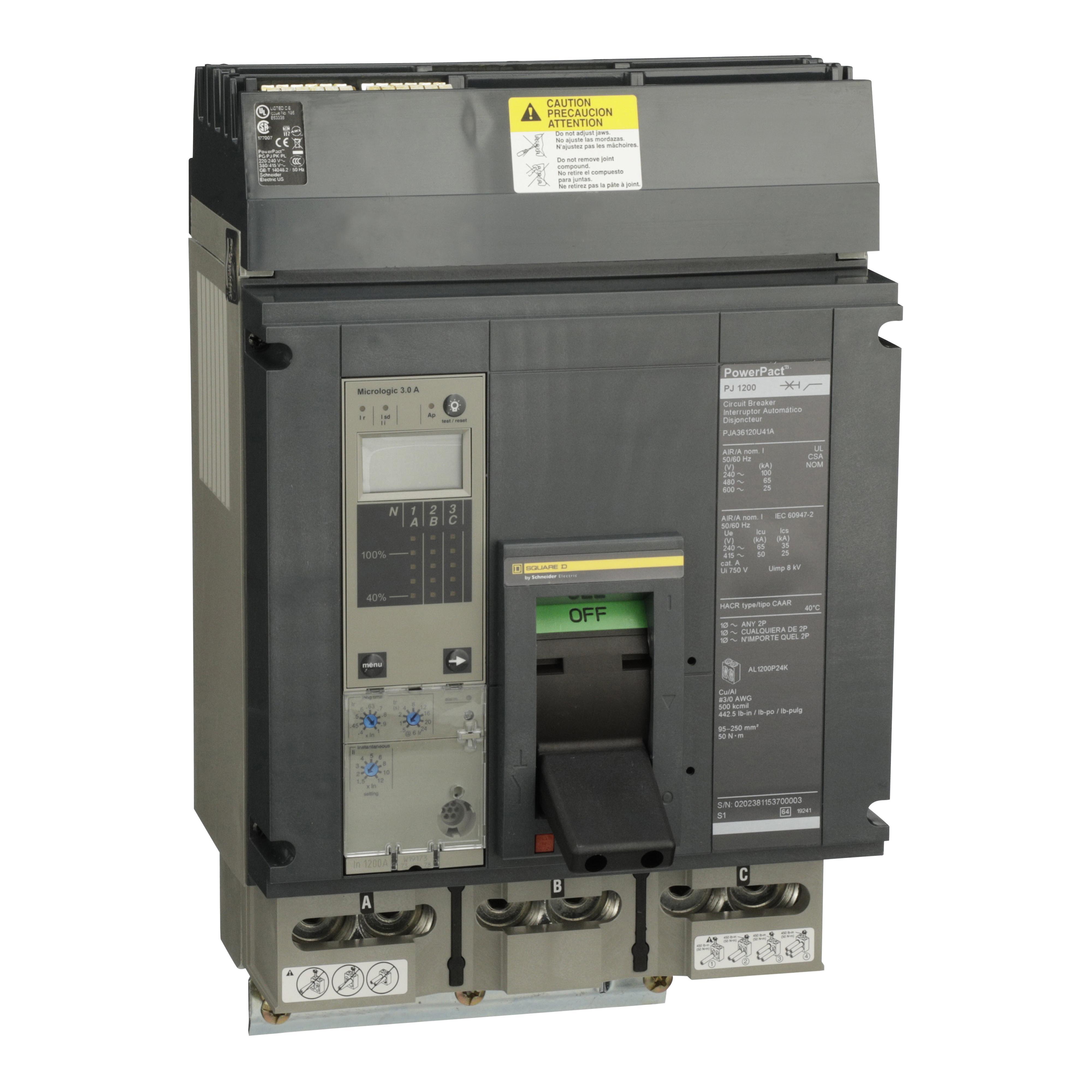 Square D™ I-Line™ PowerPact™ PJA36120U41A Type PJA Molded Case Circuit Breaker, 600 V AC, 1200 A, 100 kA at 240 V AC/65 kA at 480 V AC/25 kA at 600 V AC Interrupt, 3 Poles, Electronic Trip