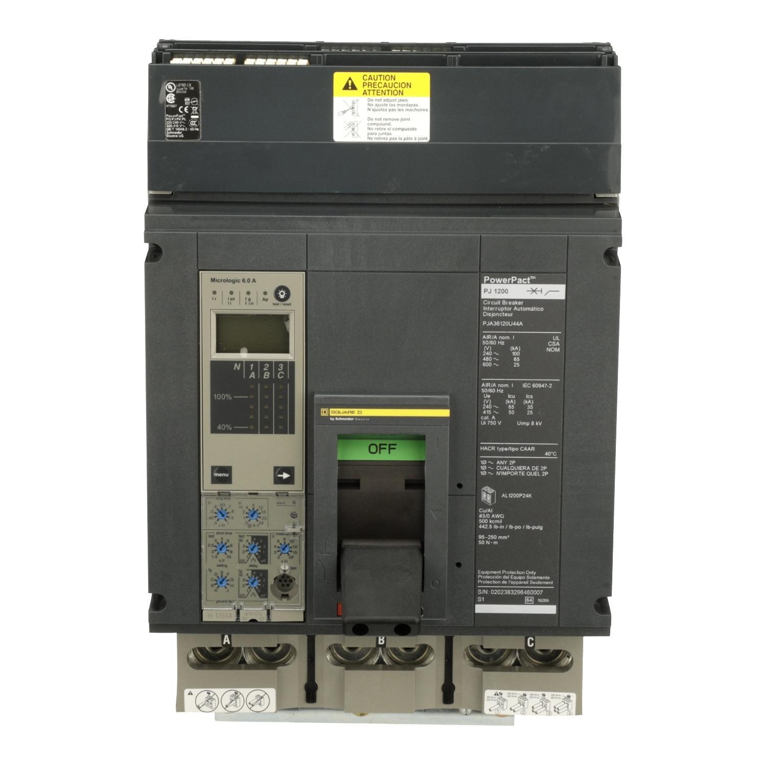 Square D™ I-Line™ PowerPact™ PJA36120U44A Type PJA Molded Case Circuit Breaker, 600 V AC, 1200 A, 100 kA at 240 V AC, 65 kA at 480 V AC, 25 kA at 600 V AC Interrupt, 3 Poles, Electronic Trip