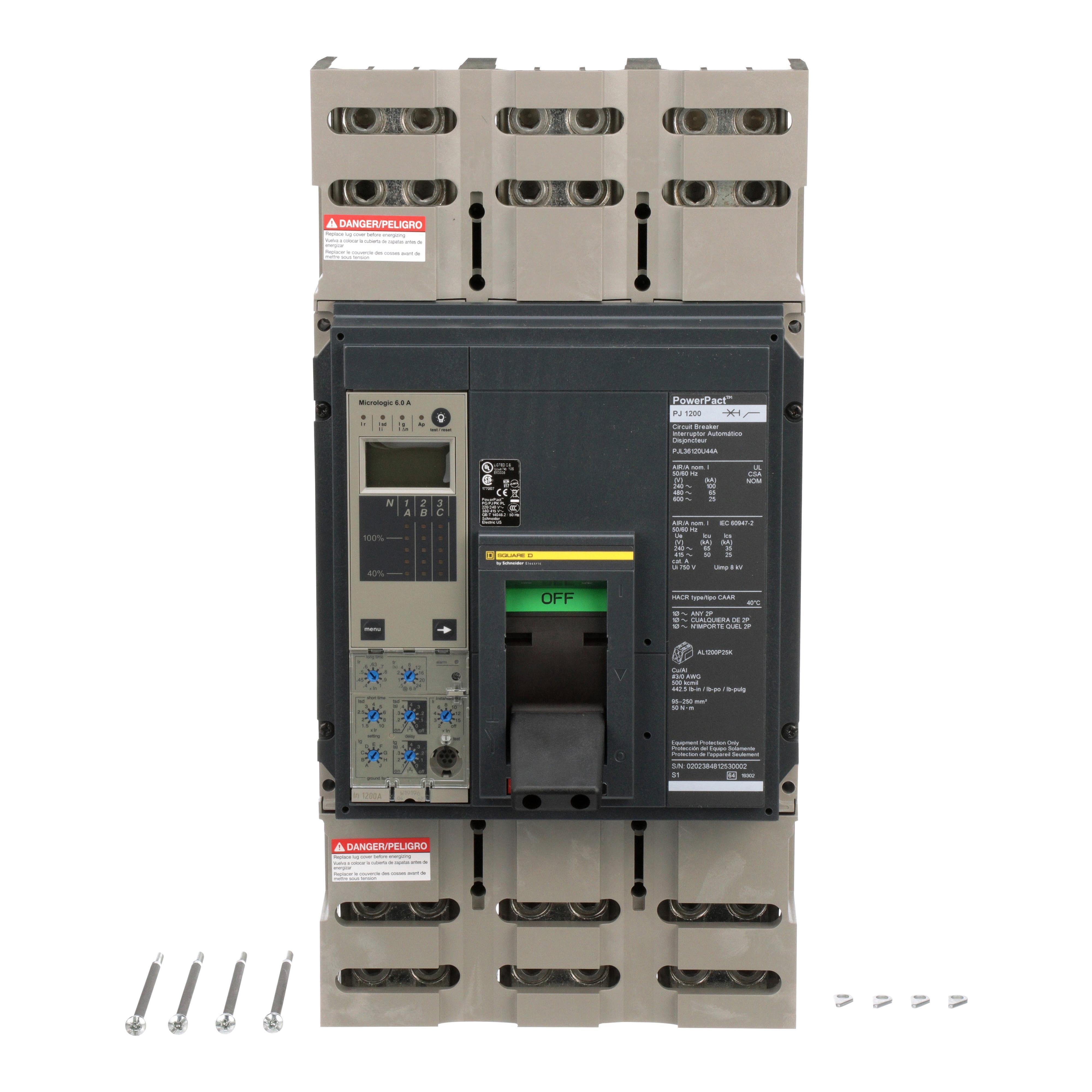 Square D™ PowerPact™ P PJL36120U44A Type PJL Molded Case Circuit Breaker, 600 V AC, 1200 A, 25/65/100 kA Interrupt, 3 Poles, Electronic Trip