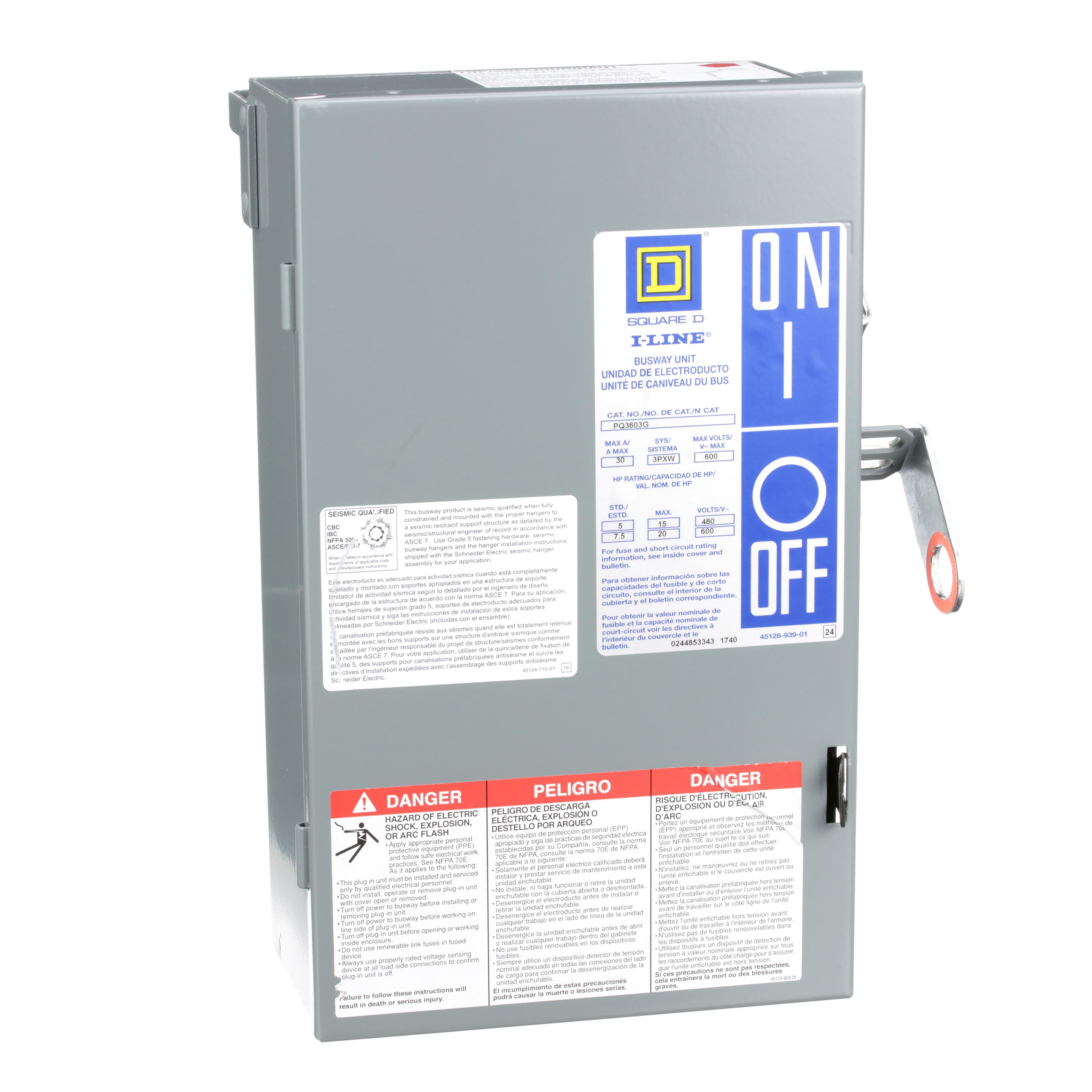 Square D™ I-Line™ PQ3603G Type H II Busway Fusible Plug-In Unit, 240/600 V AC, 30 A, 3 Wires, FS Frame, NEMA 1 Enclosure