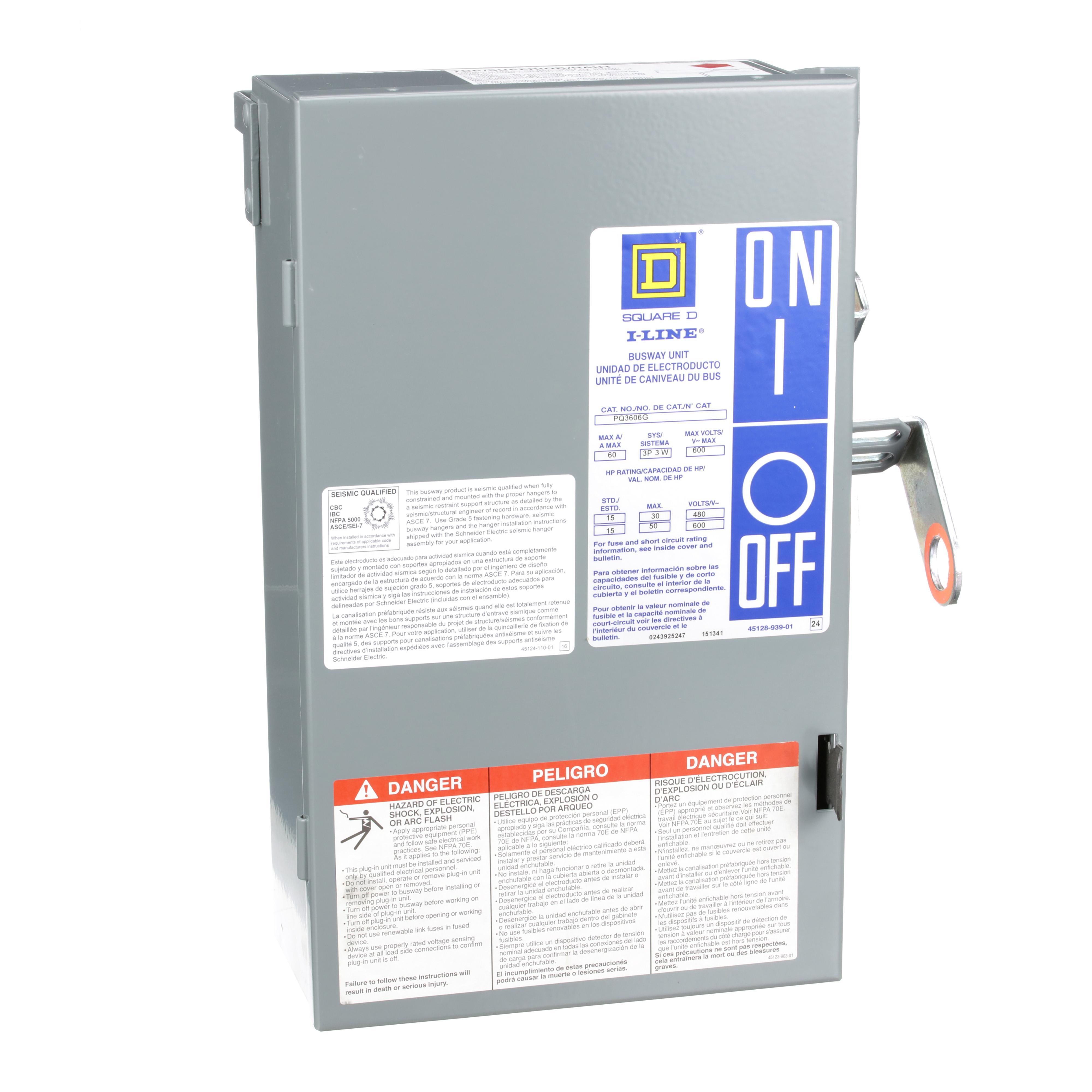 Square D™ I-Line™ PQ3606G Type PQ II Busway Fusible Plug-In Unit, 600 V AC, 60 A, 4 Wires, FS Frame, NEMA 1 Enclosure