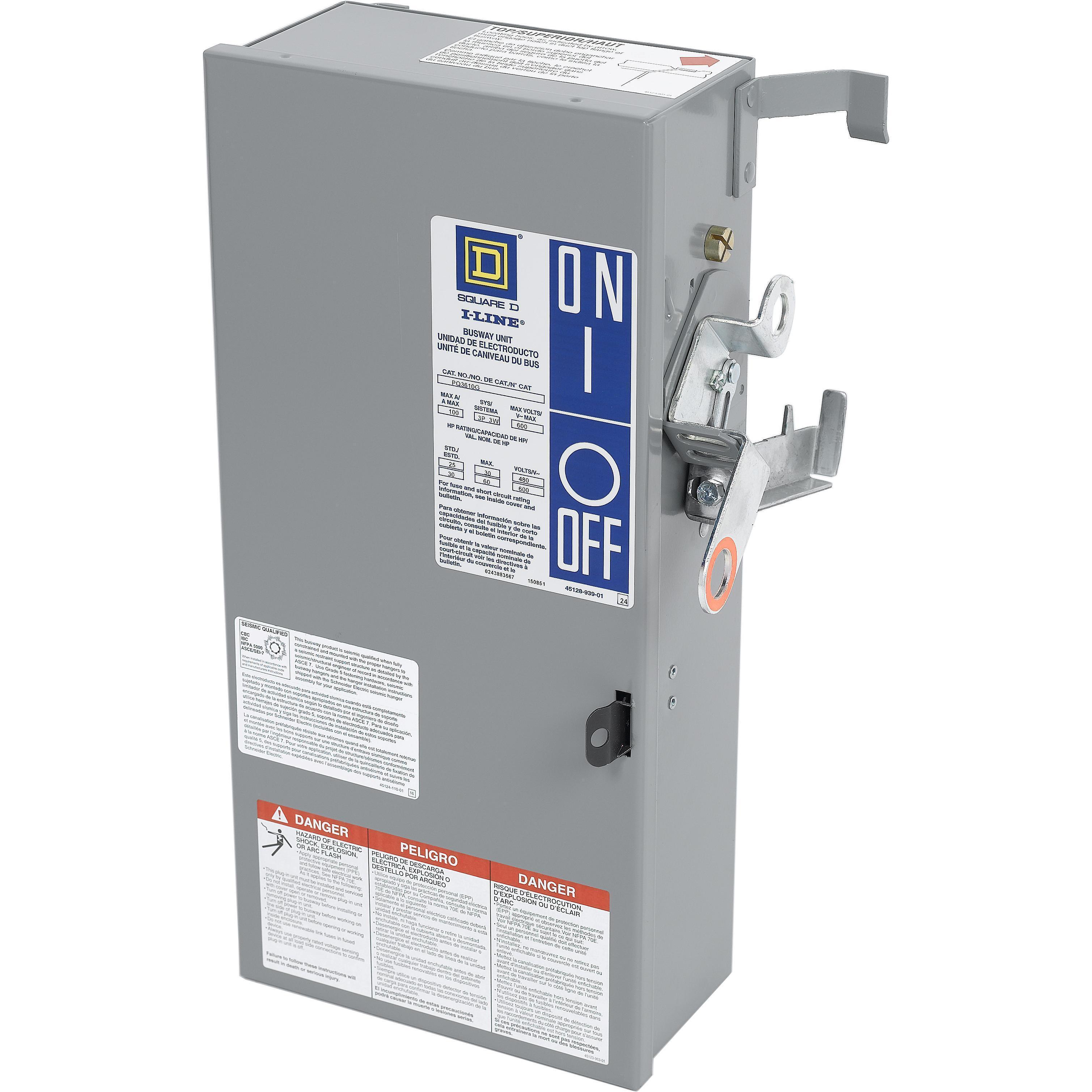 Square D™ I-Line™ II PQ3610G Type H Busway Fusible Plug-In Unit, 600 V AC, 100 A, 3 Wires, FS Frame, NEMA 1 Enclosure