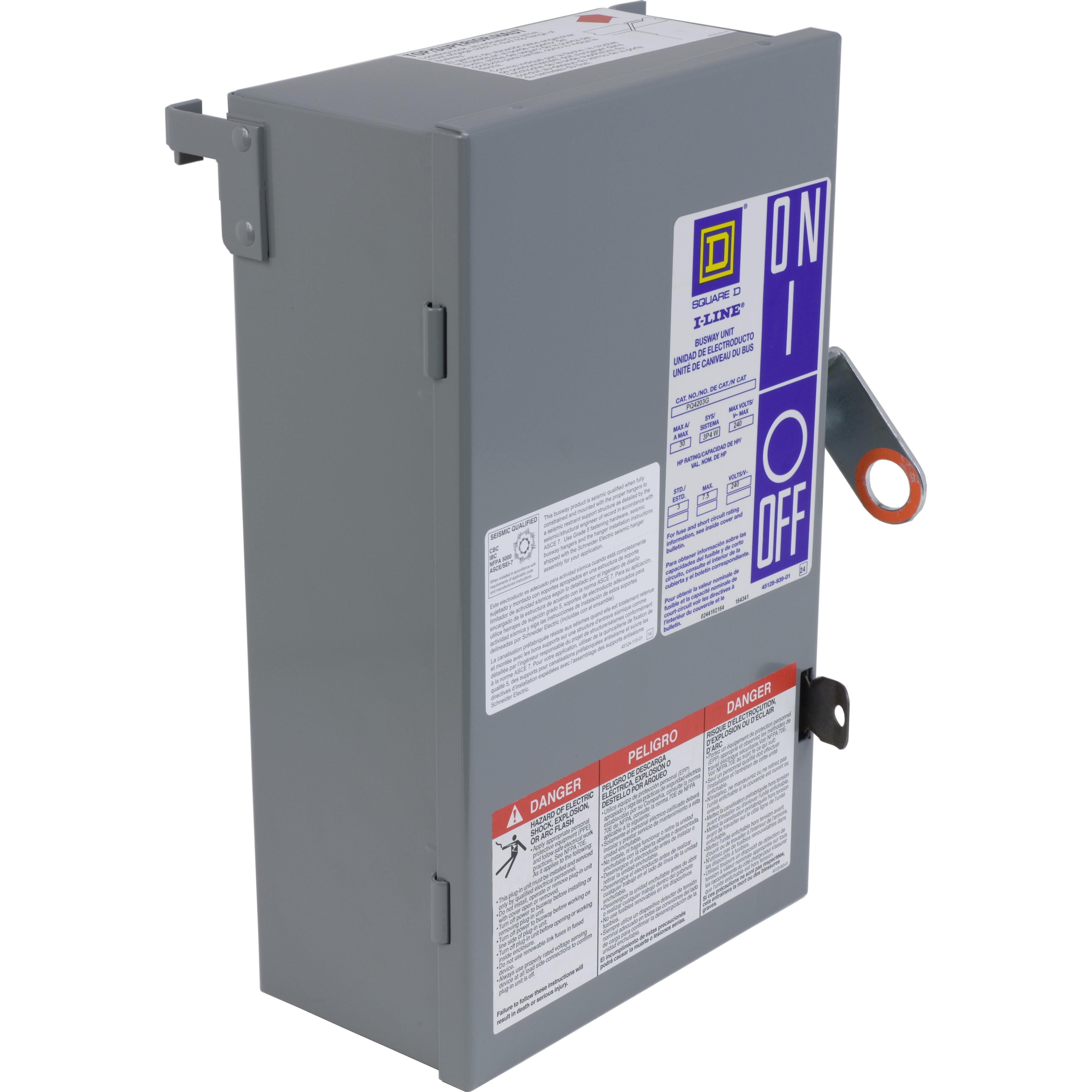 Square D™ I-Line™ PS4220G 4-Pole Type PS Class H Vertical Mount Fusible Busway Plug-In Unit With Ground, 208 to 120 V AC, 200 A, 4 Wires, NEMA 1 Enclosure