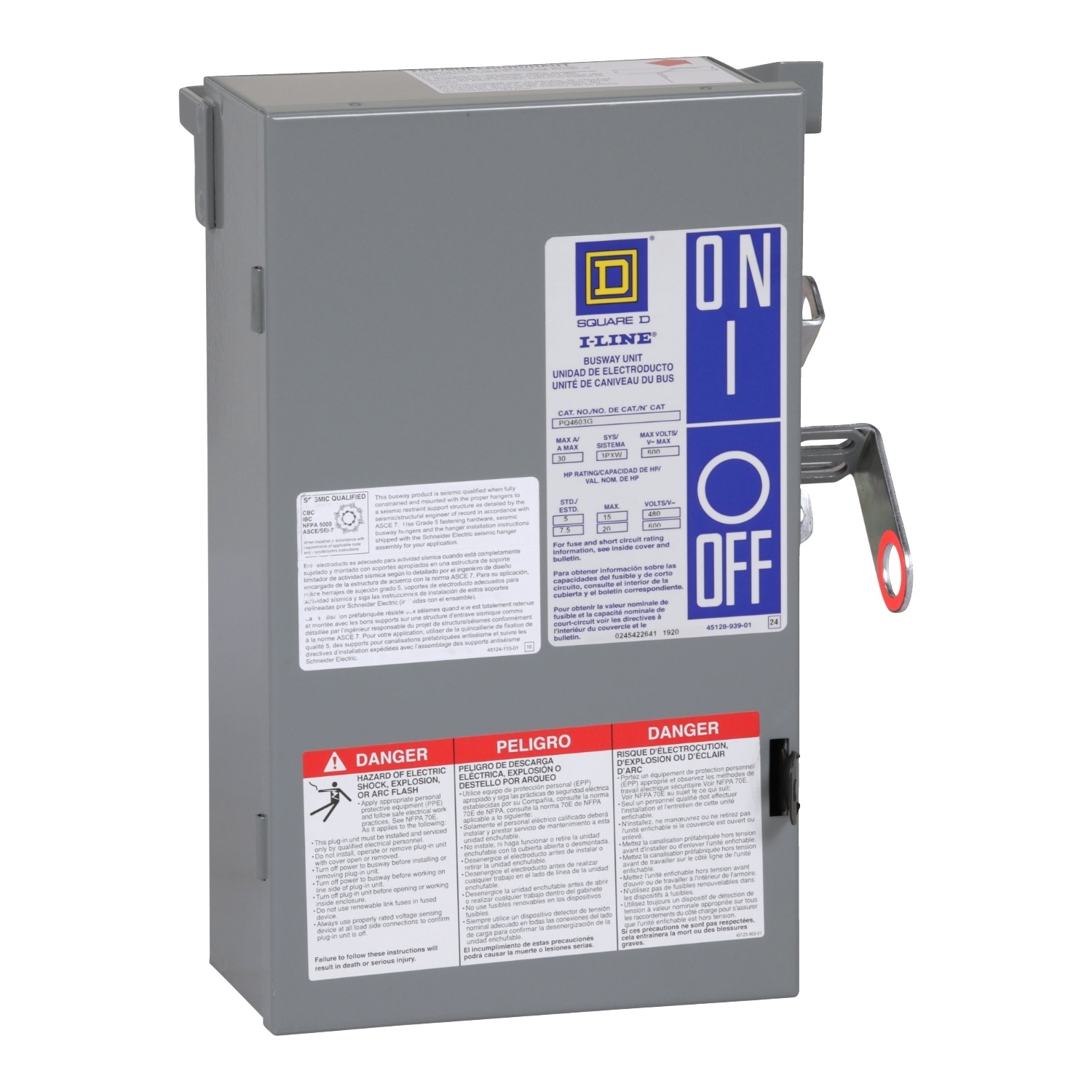 Square D™ I-Line™ II PQ4603G Type H Fusible Plug-In Unit, 600 VAC, 4 Wires, FS Frame, NEMA 1 Enclosure