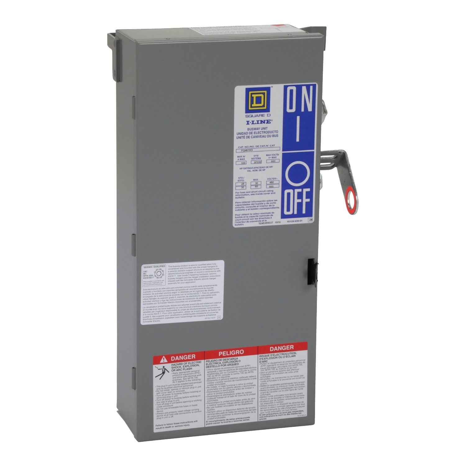 Square D™ I-Line™ II PQ4610G Type H Fusible Plug-In Unit, 600 VAC, 4 Wires, FS Frame, NEMA 1 Enclosure