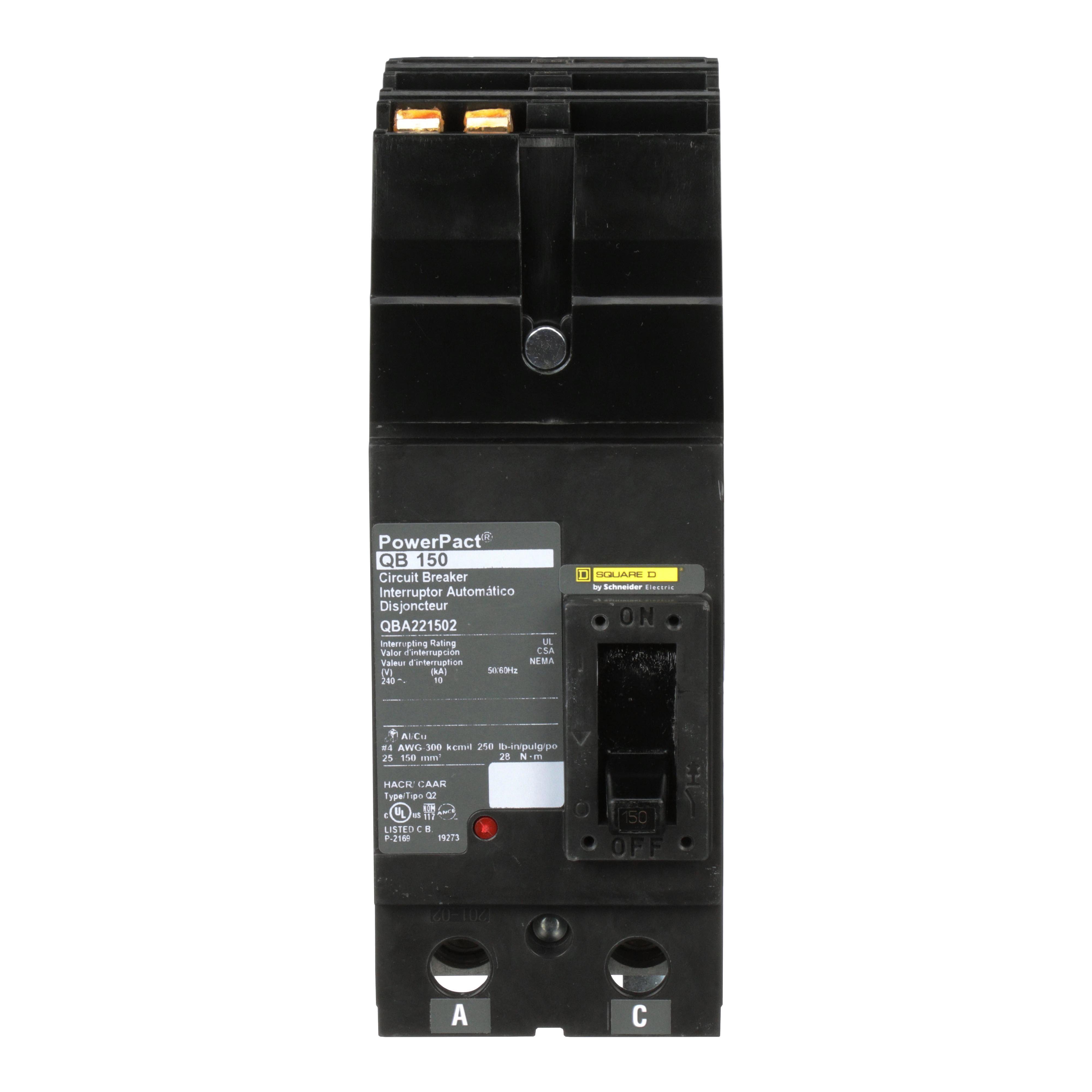 Square D™ I-Line™ PowerPact™ QBA221502 Molded Case Circuit Breaker, 240 V AC, 150 A, 10 kA Interrupt, 2 Poles, Thermal Magnetic Trip