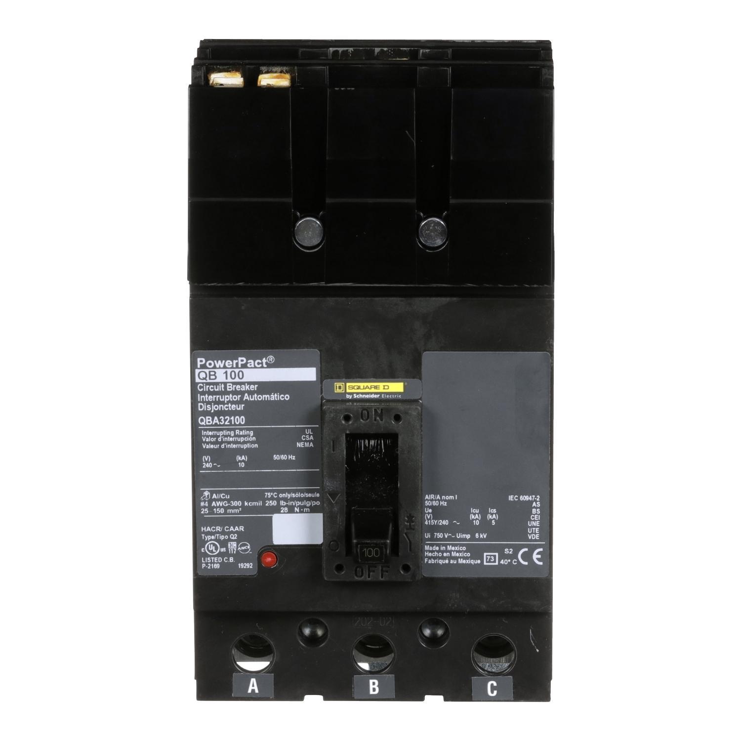 Square D™ I-Line™ PowerPact™ Q QBA32100 Type QBA Molded Case Circuit Breaker, 240 V AC, 100 A, 10 kA Interrupt, 3 Poles, Thermal Magnetic Trip