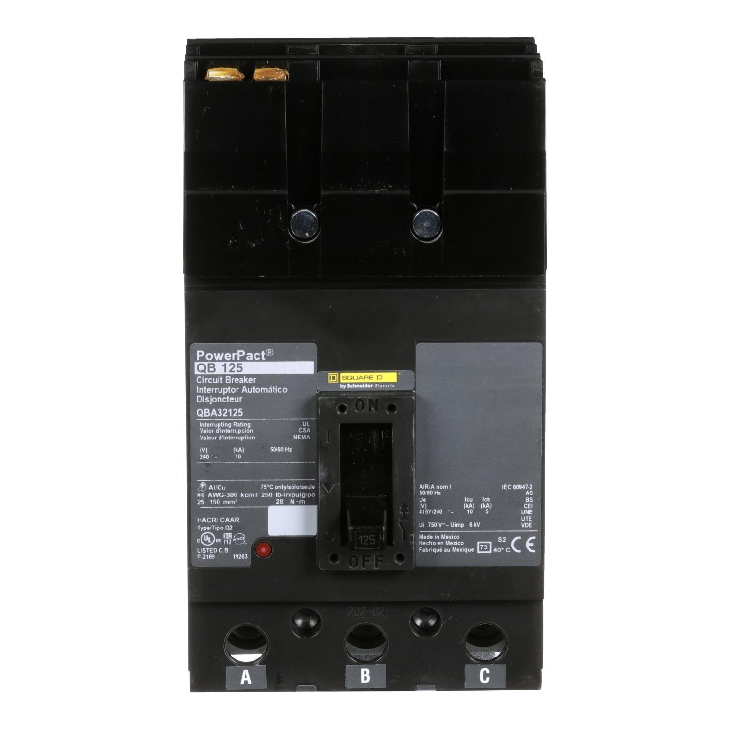 Square D™ I-Line™ PowerPact™ Q QBA32125 Molded Case Circuit Breaker, 240 V AC, 125 A, 10 kA Interrupt, 3 Poles, Thermal Magnetic Trip