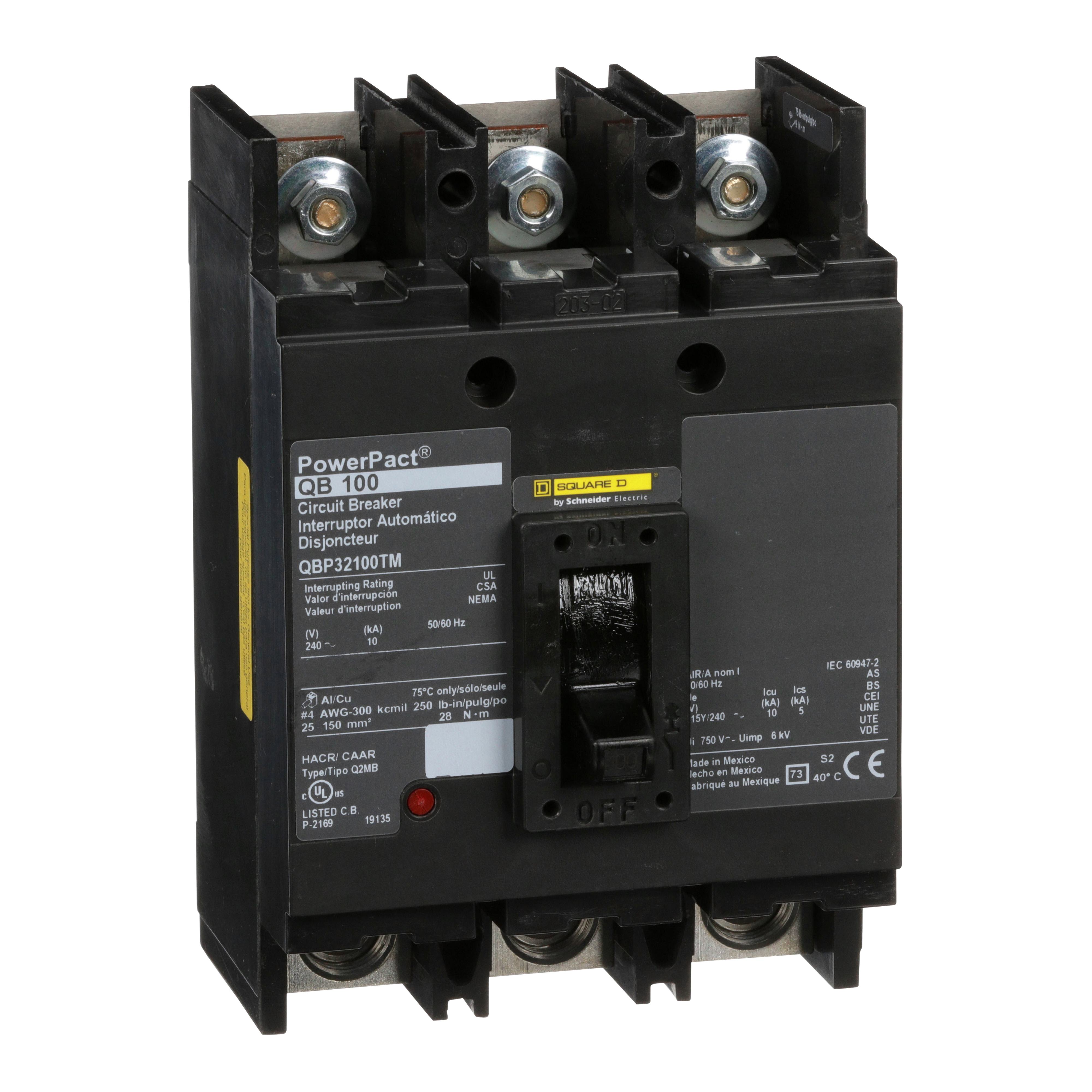 Square D™ PowerPact™ Q QBP32100TM Type QBP Molded Case Circuit Breaker, 240 V AC, 100 A, 10 kA Interrupt, 3 Poles, Thermal Magnetic Trip