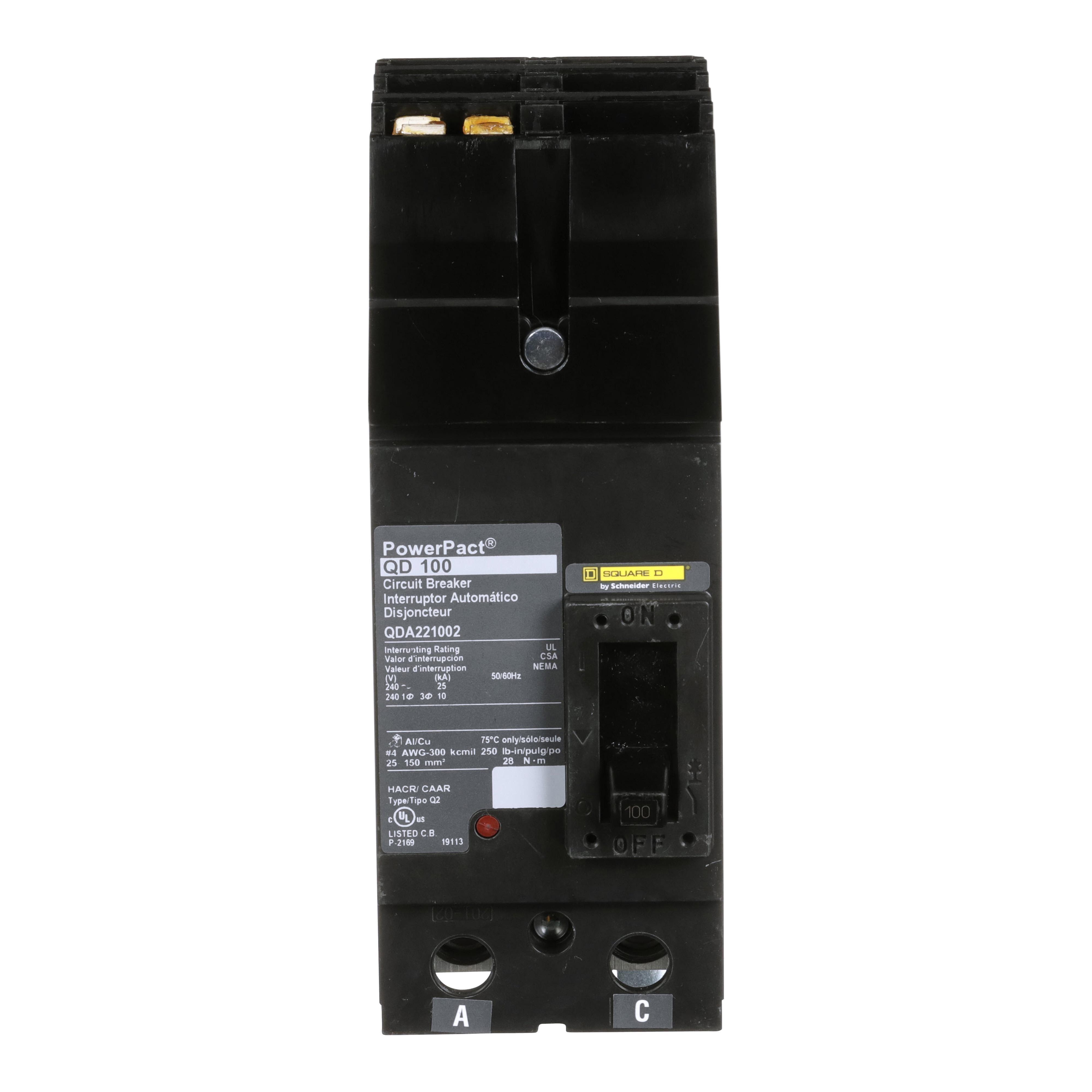 Square D™ I-Line™ PowerPact™ Q QDA221002 Type QD Molded Case Circuit Breaker, 240 V AC, 100 A, 25 kA Interrupt, 2 Poles, Thermal Magnetic Trip