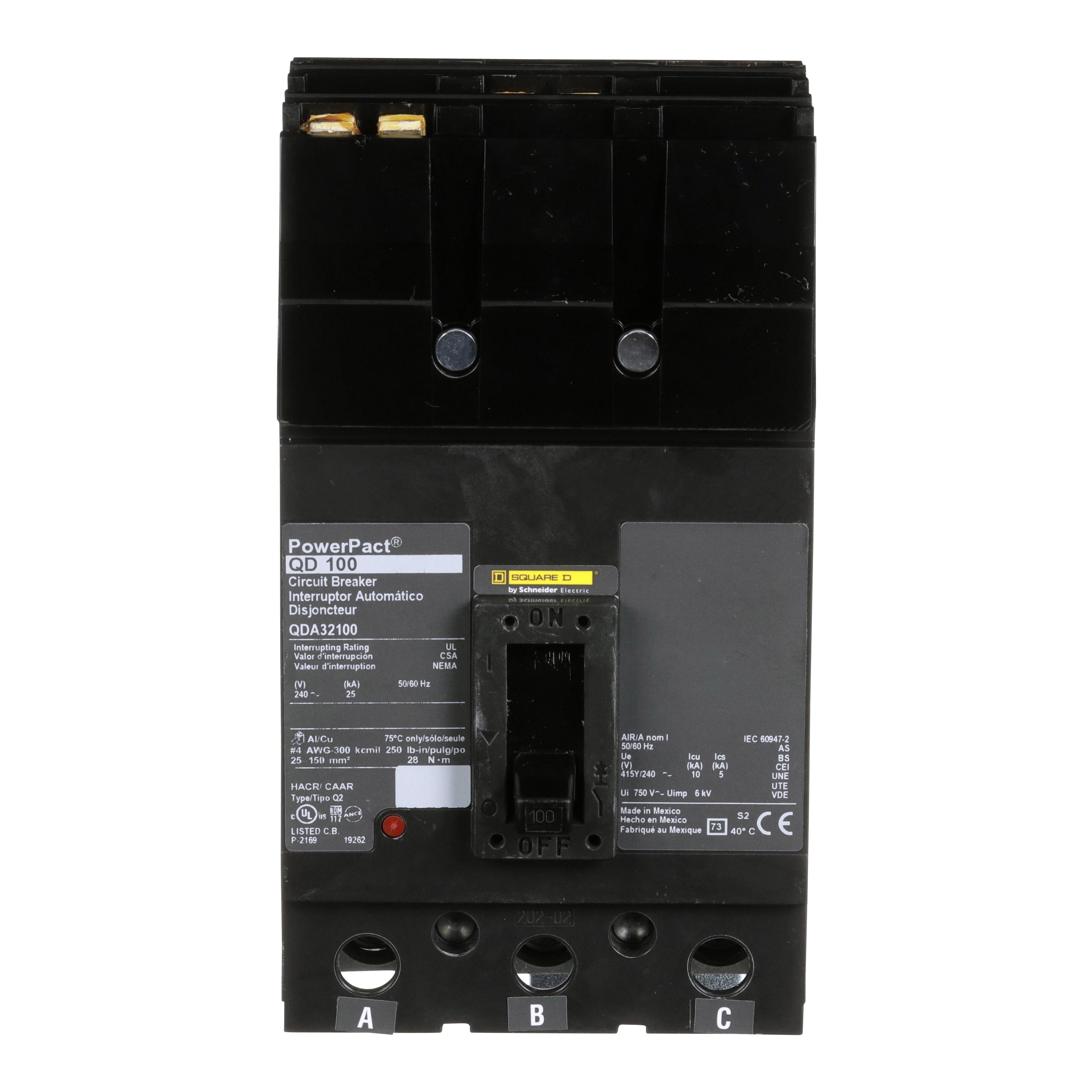 Square D™ QDA32100 QDA Molded Case Circuit Breaker, 240 V AC, 100 A, 25 kA Interrupt, 3 Poles, Thermal Magnetic Trip