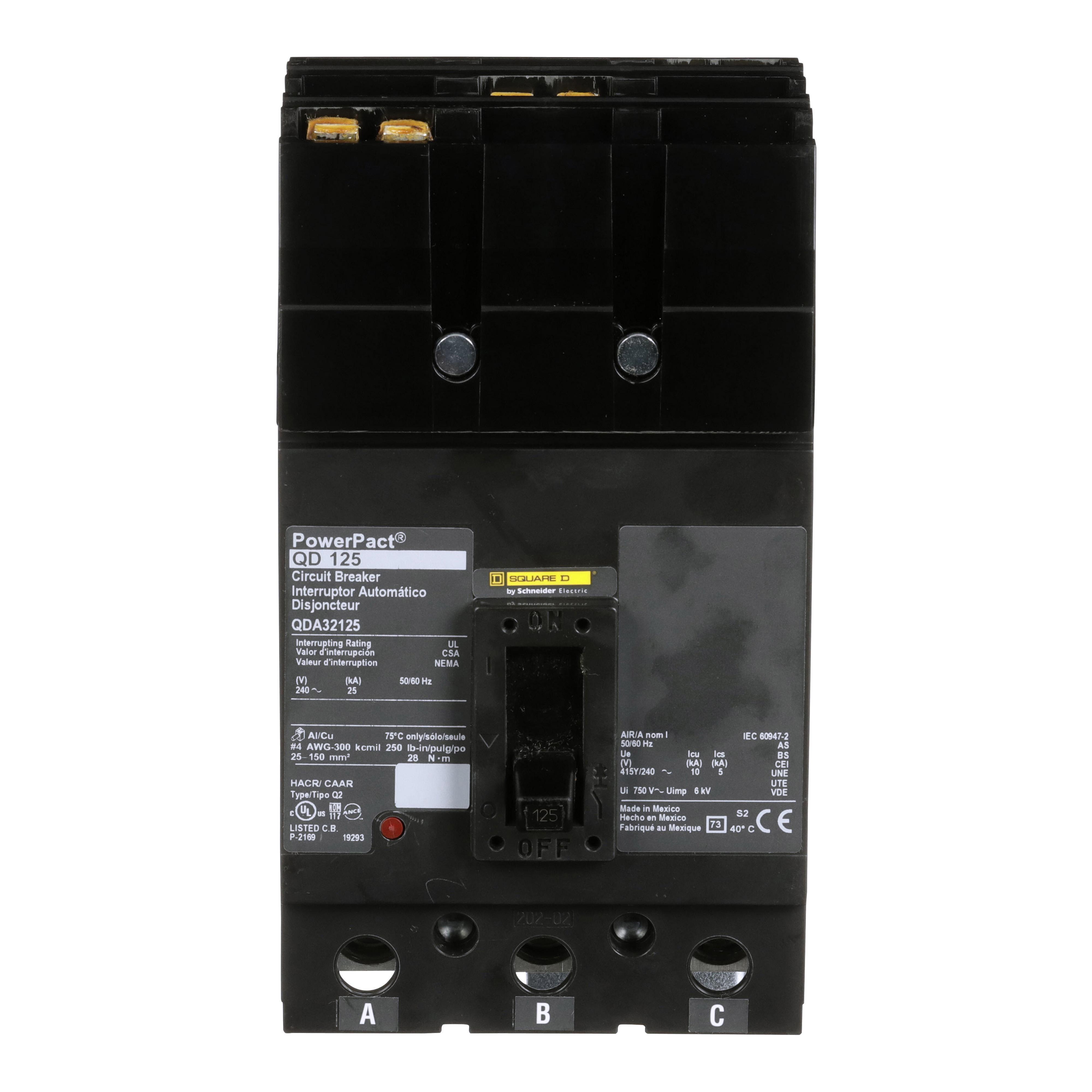 Square D™ I-Line™ PowerPact™ Q QDA32125 Molded Case Circuit Breaker, 240 V AC, 125 A, 25 kA Interrupt, 3 Poles, Thermal Magnetic Trip