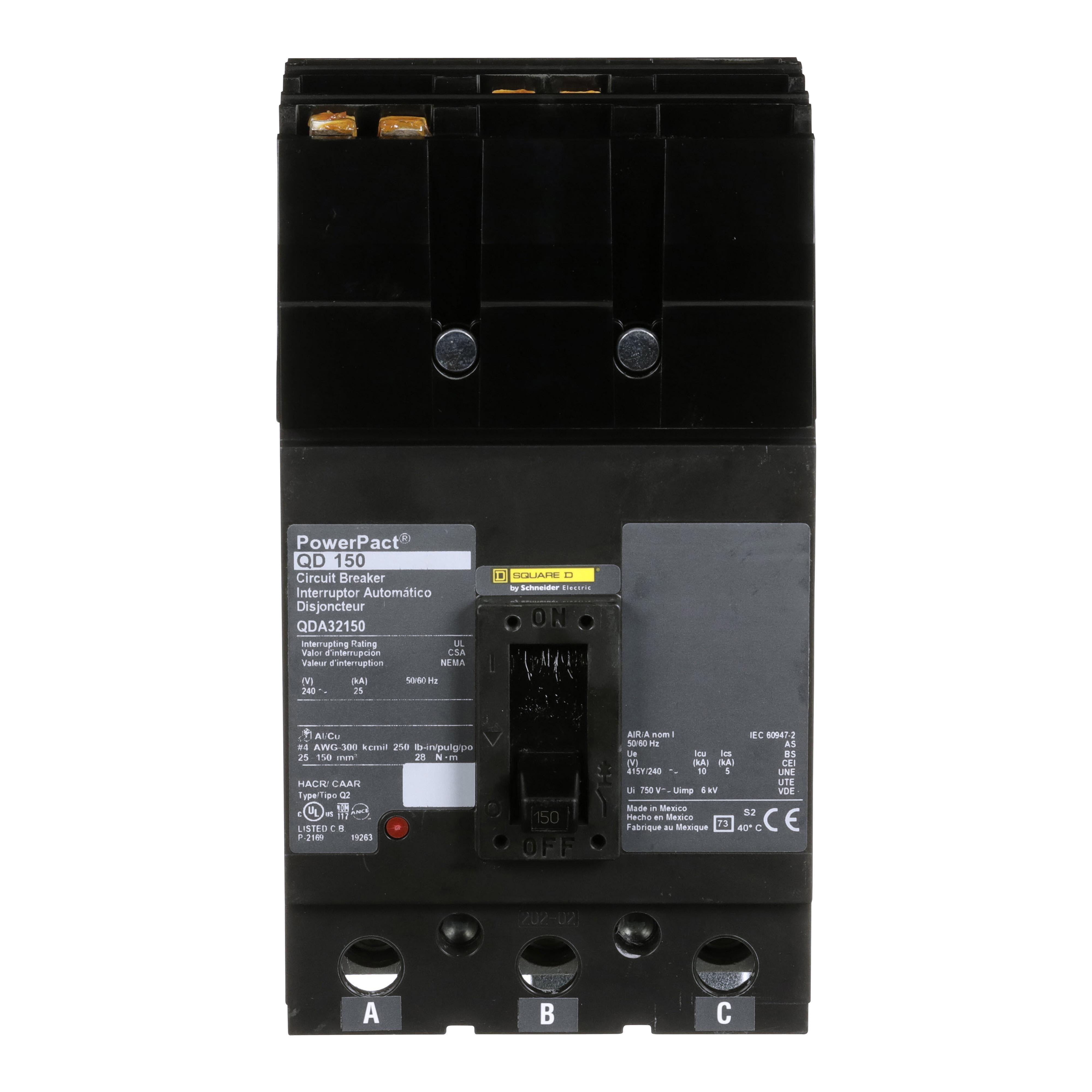 Square D™ I-Line™ PowerPact™ Q QDA32150 Molded Case Circuit Breaker, 240 V AC, 150 A, 25 kA Interrupt, 3 Poles, Thermal Magnetic Trip