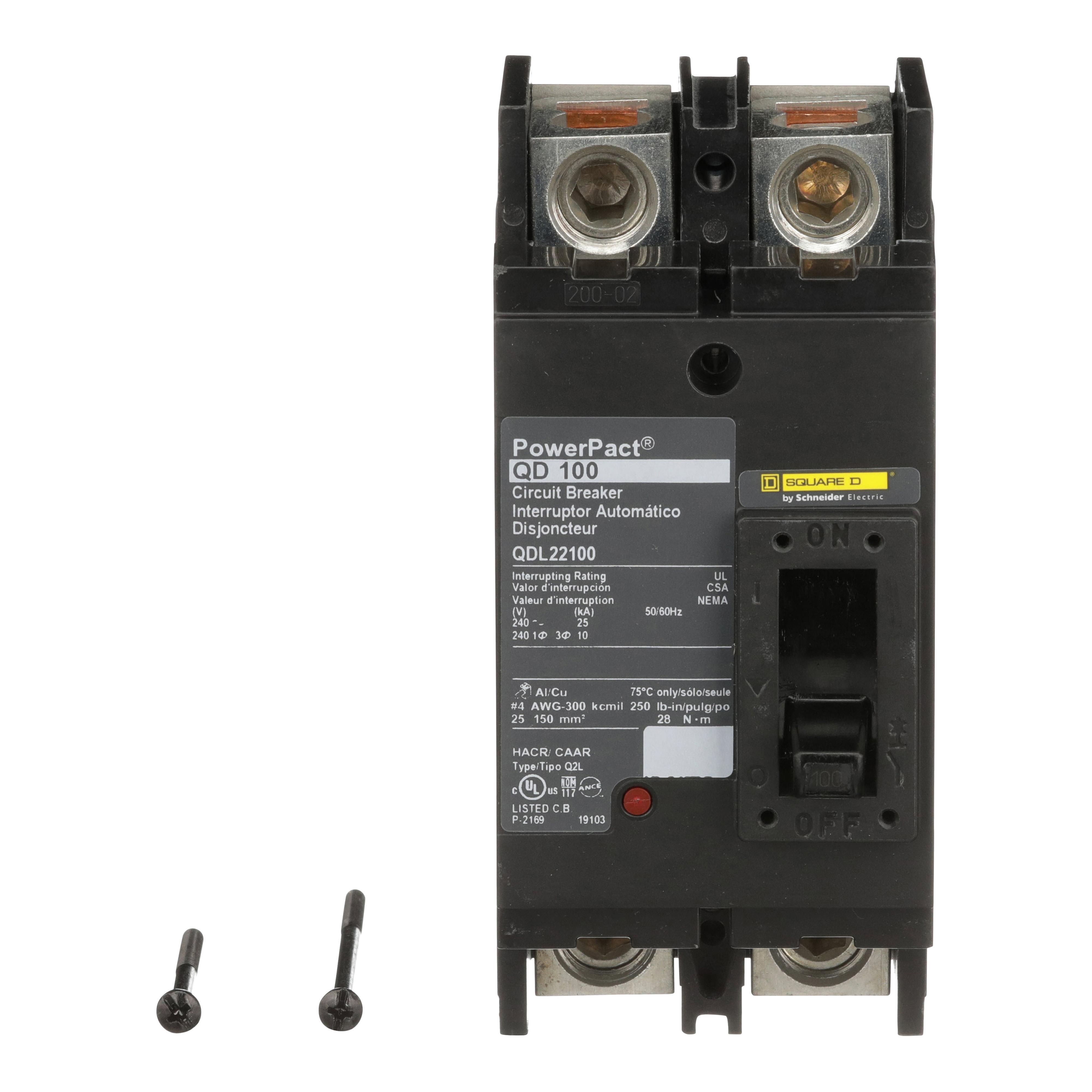 Square D™ PowerPact™ Q QDL22100 Molded Case Circuit Breaker, 240 V AC, 100 A, 25 kA Interrupt, 2 Poles, Thermal Magnetic Trip