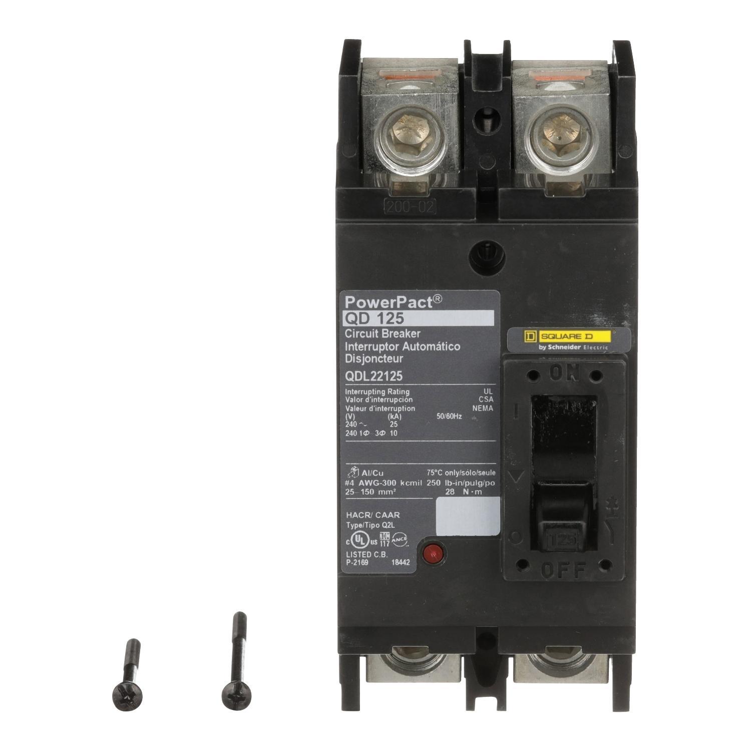 Square D™ PowerPact™ QDL22125 Molded Case Circuit Breaker, 240 V AC, 125 A, 25 kA Interrupt, 2 Poles, Thermal Magnetic Trip