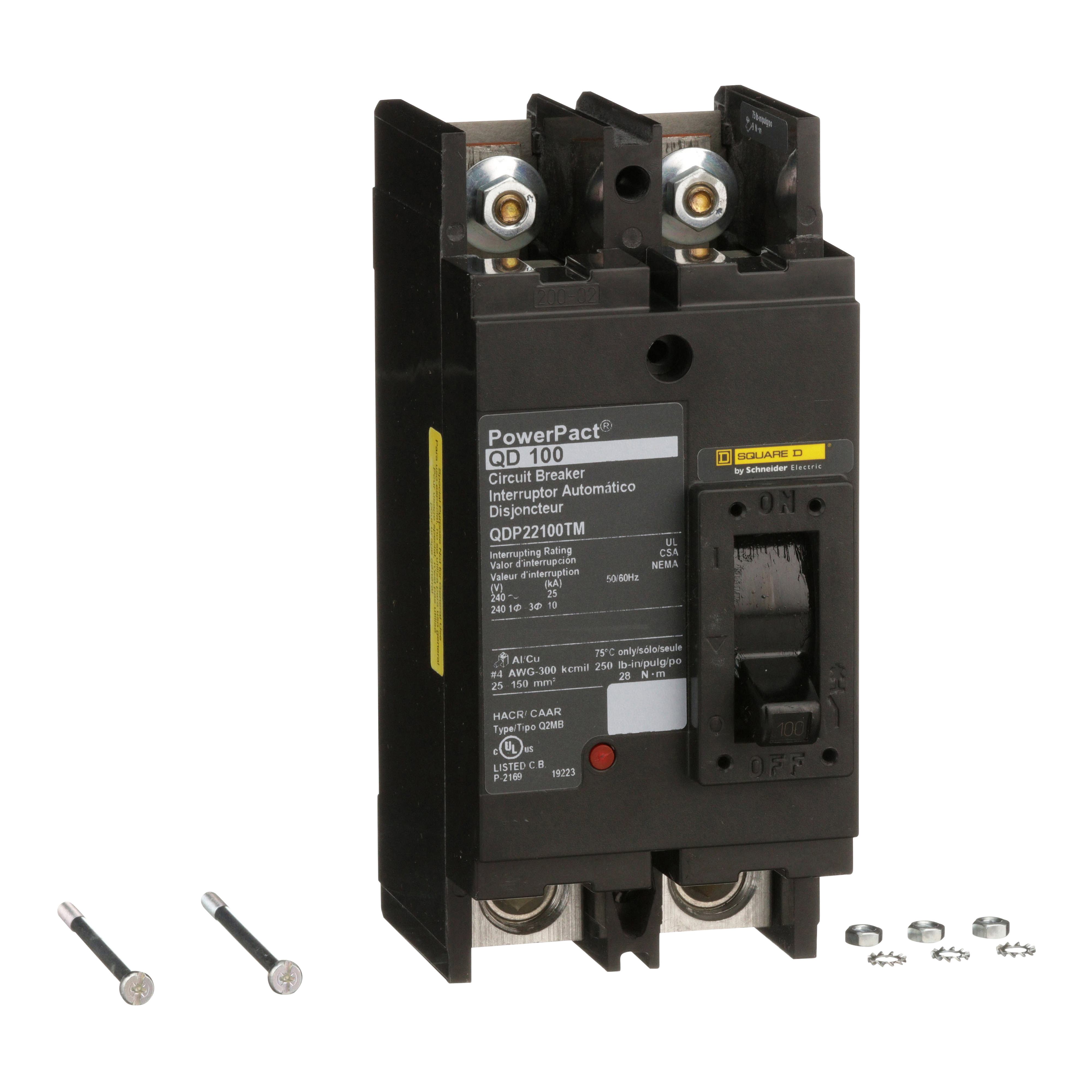 Square D™ QDP22100TM QDP Molded Case Circuit Breaker, 240 V AC, 100 A, 25 kA Interrupt, 2 Poles, Thermal Magnetic Trip