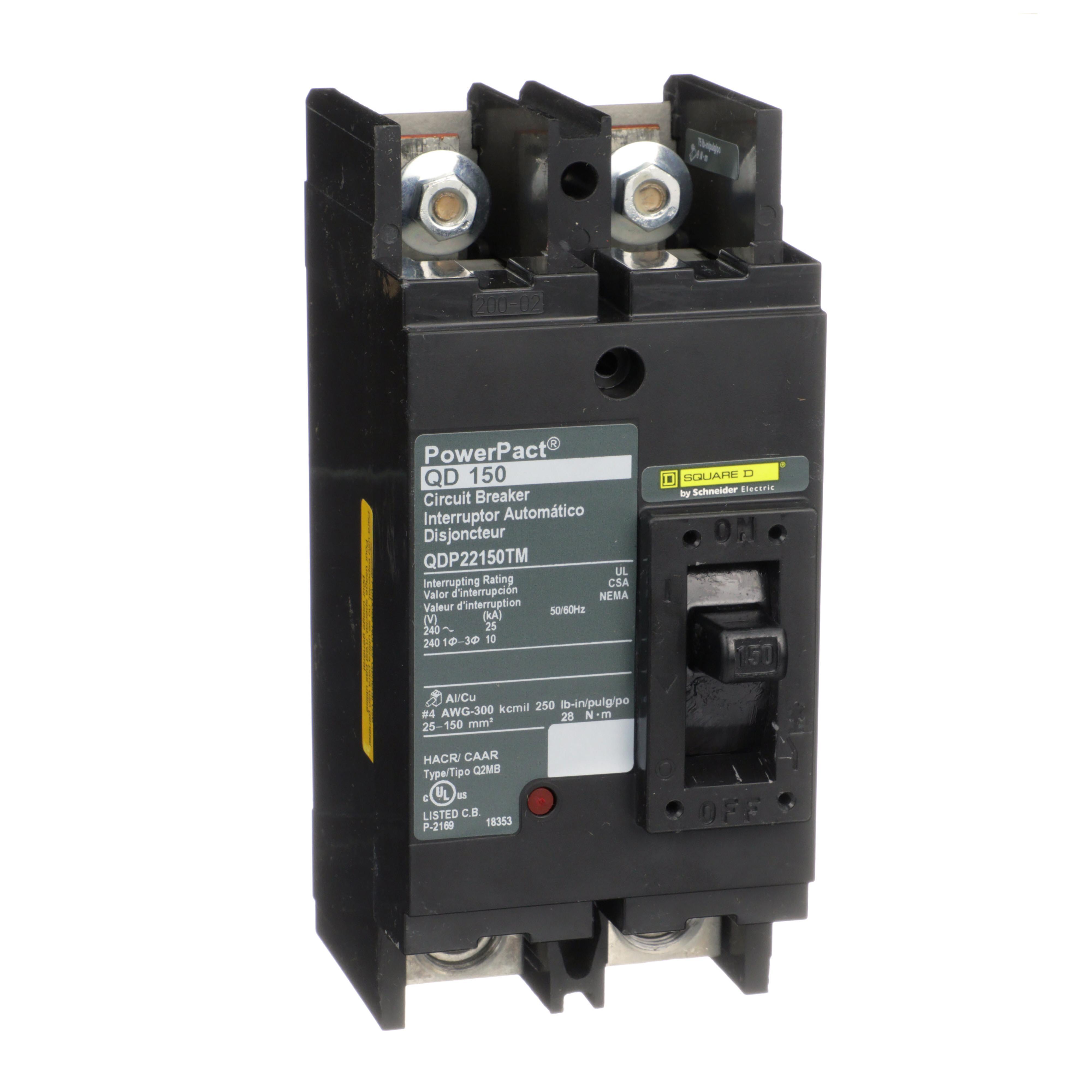 Square D™ PowerPact™ Q QDP22150TM Type QDP Molded Case Circuit Breaker, 240 V AC, 150 A, 25 kA Interrupt, 2 Poles, Thermal Magnetic Trip