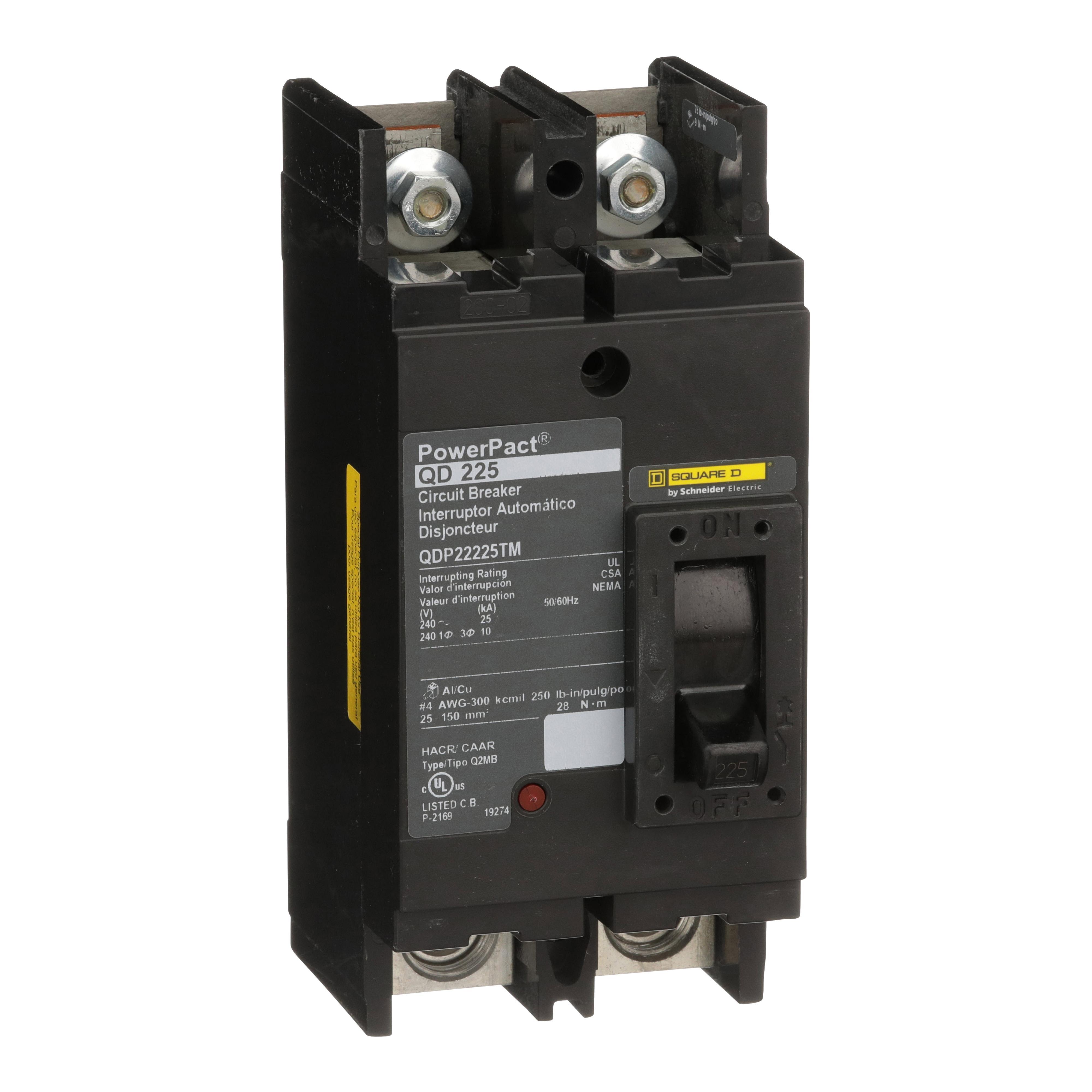 Square D™ PowerPact™ QO™ QDP22225TM Type QD Molded Case Circuit Breaker, 240 V AC, 225 A, 25 kA Interrupt, 2 Poles, Thermal Magnetic Trip