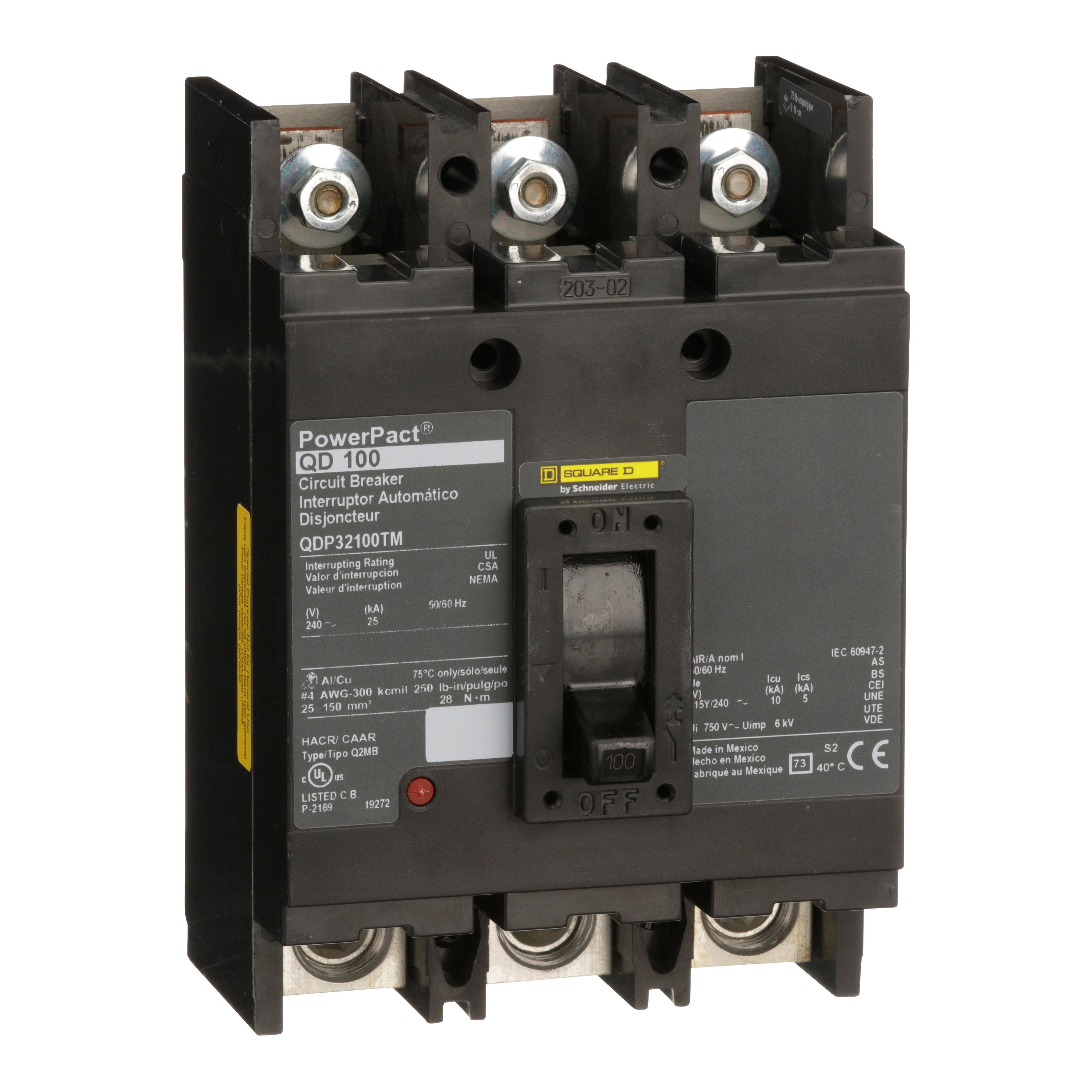 Square D™ QDP32100TM QDP Qd Molded Case Circuit Breaker, 240 V AC, 100 A, 25 kA Interrupt, 3 Poles, Thermal Magnetic Trip