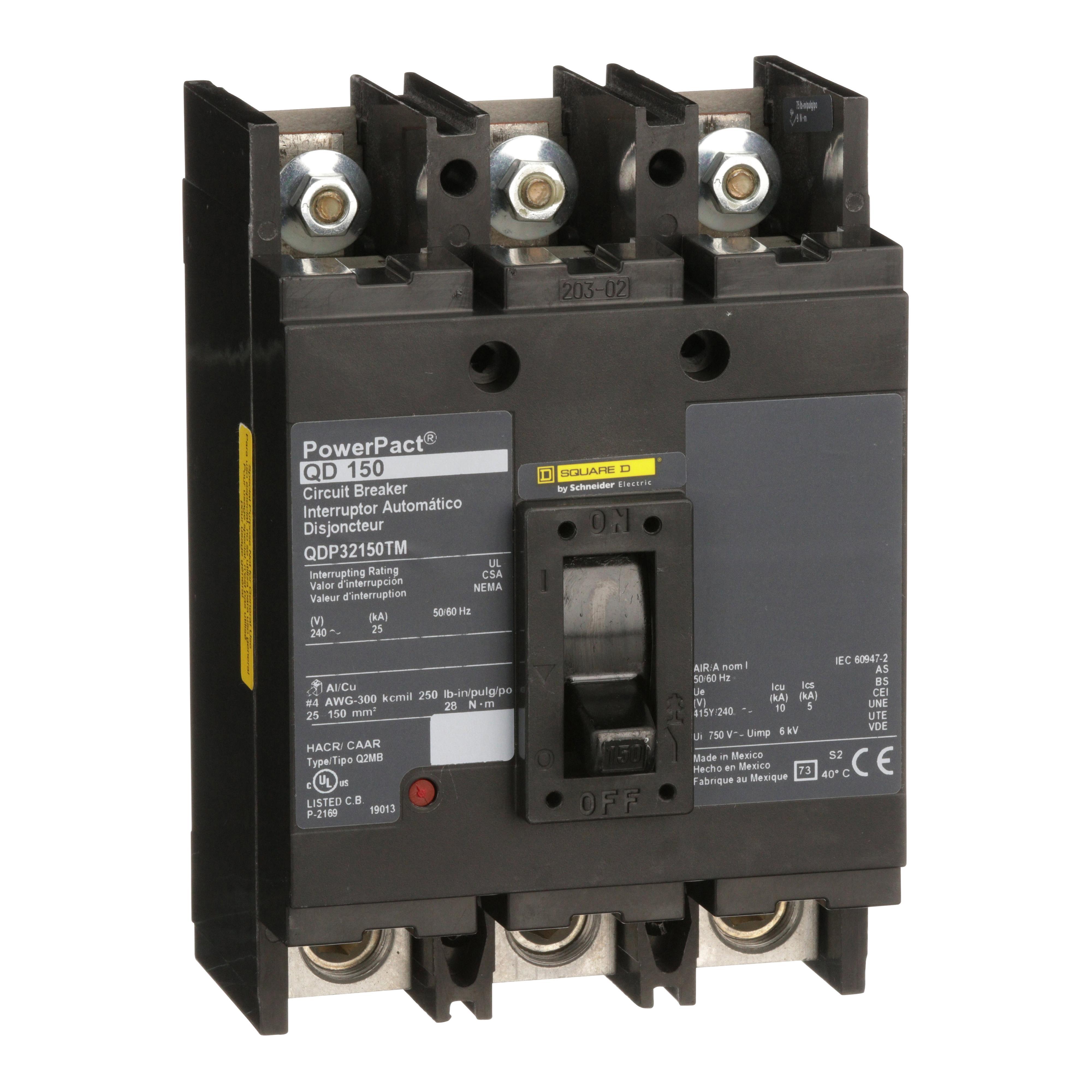 Square D™ PowerPact™ QO™ QDP32150TM Type QD Molded Case Circuit Breaker, 240 V AC, 150 A, 25 kA Interrupt, 3 Poles, Thermal Magnetic Trip