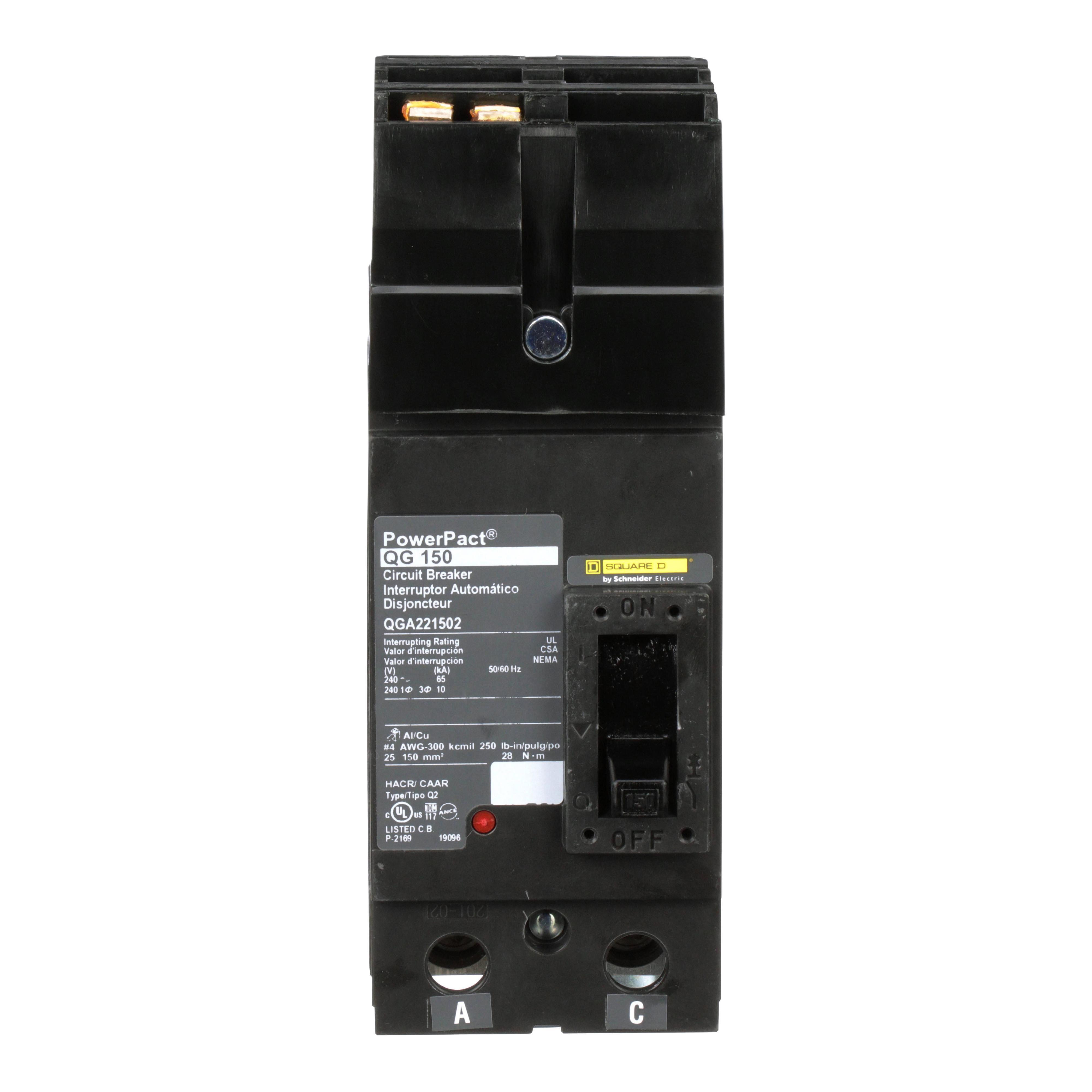 Square D™ I-Line™ PowerPact™ Q QGA221502 Type QG Molded Case Circuit Breaker, 240 V AC, 150 A, 65 kA Interrupt, 2 Poles, Thermal Magnetic Trip