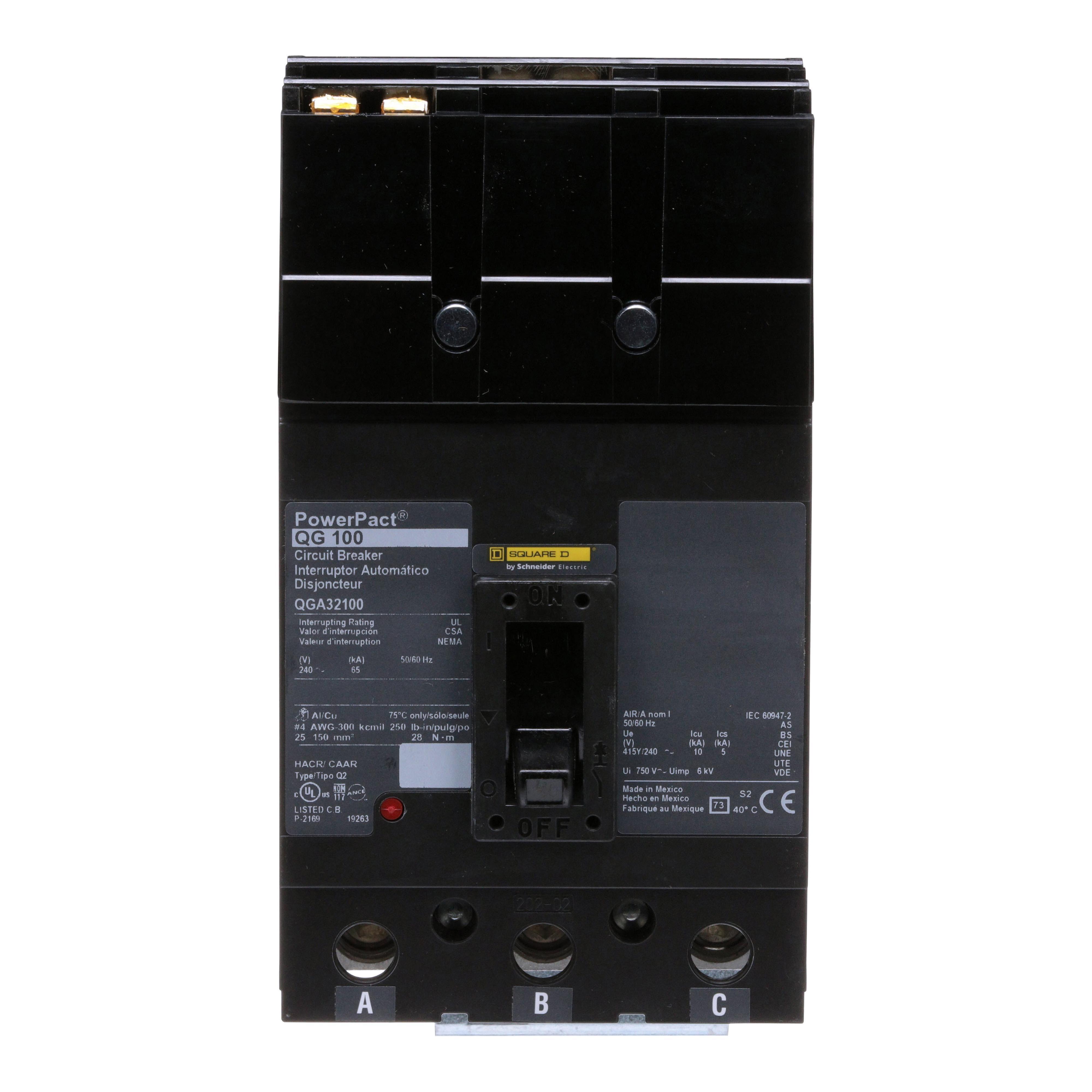 Square D™ I-Line™ PowerPact™ Q QGA32100 Type QG Molded Case Circuit Breaker, 240 V AC, 100 A, 65 kA Interrupt, 3 Poles, Thermal Magnetic Trip