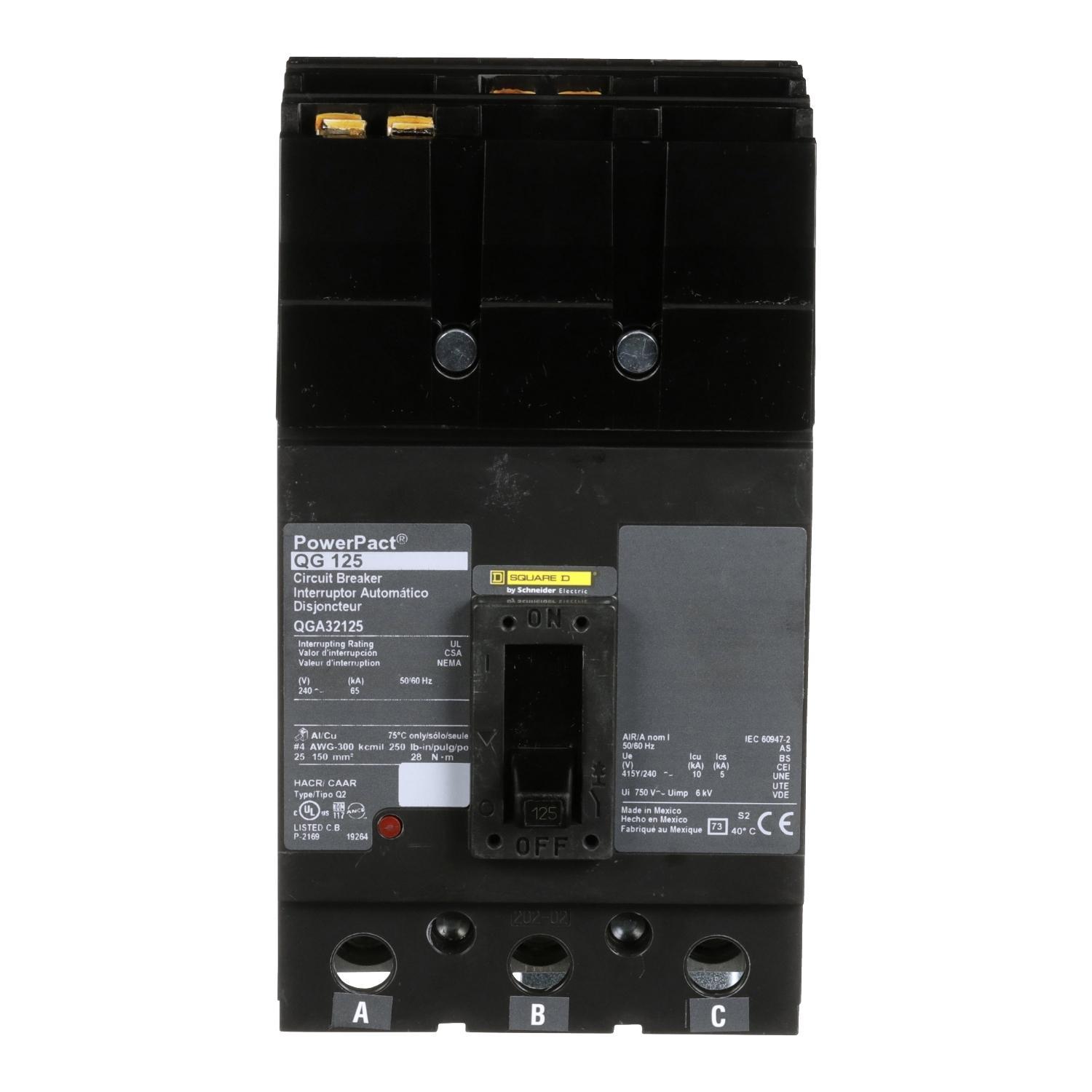 Square D™ I-Line™ PowerPact™ QGA32125 Molded Case Circuit Breaker, 240 V AC, 125 A, 65 kA Interrupt, 3 Poles, Thermal Magnetic Trip