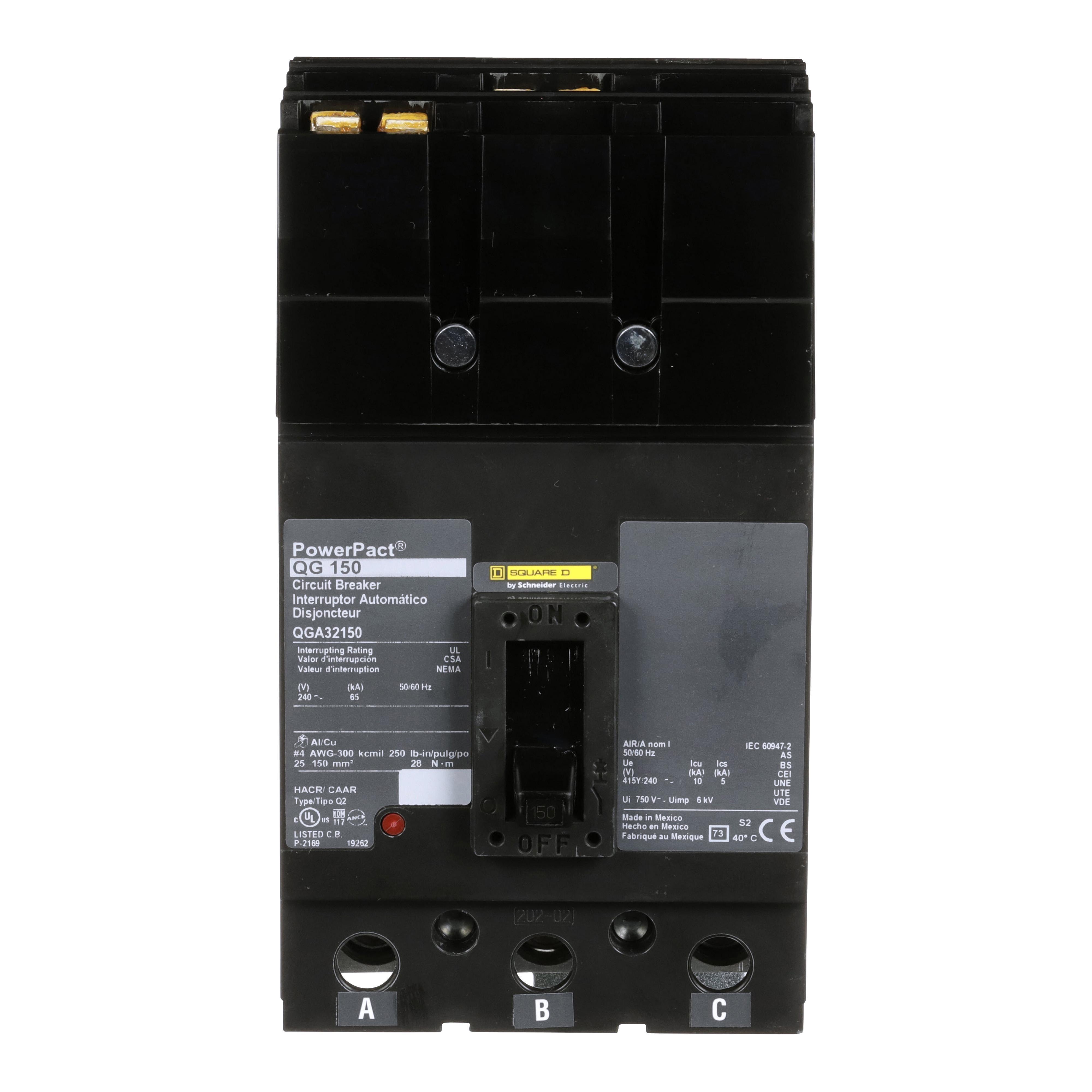 Square D™ I-Line™ PowerPact™ Q QGA32150 Molded Case Circuit Breaker, 240 V AC, 150 A, 65 kA Interrupt, 3 Poles, Thermal Magnetic Trip
