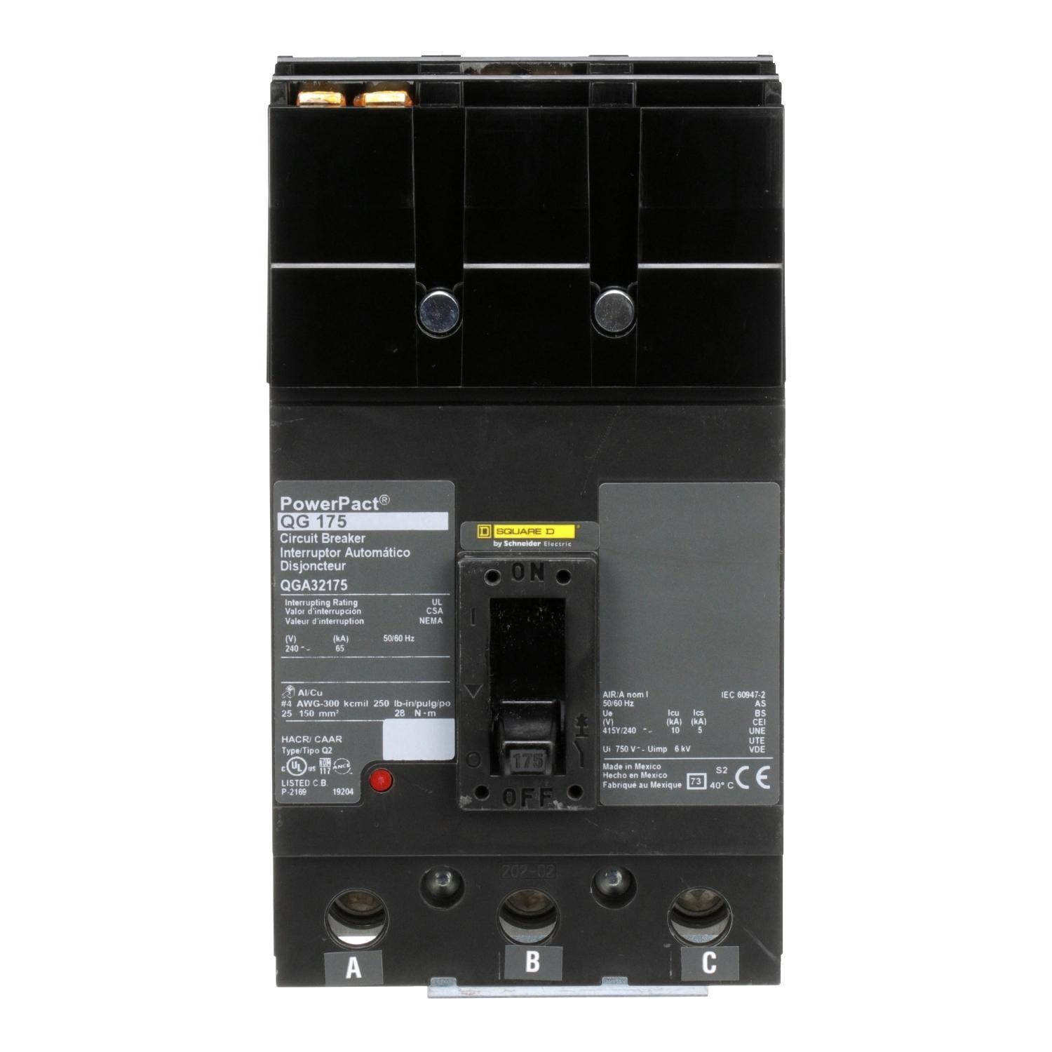 Square D™ I-Line™ PowerPact™ Q QGA32175 Molded Case Circuit Breaker, 240 V AC, 175 A, 65 kA Interrupt, 3 Poles, Thermal Magnetic Trip